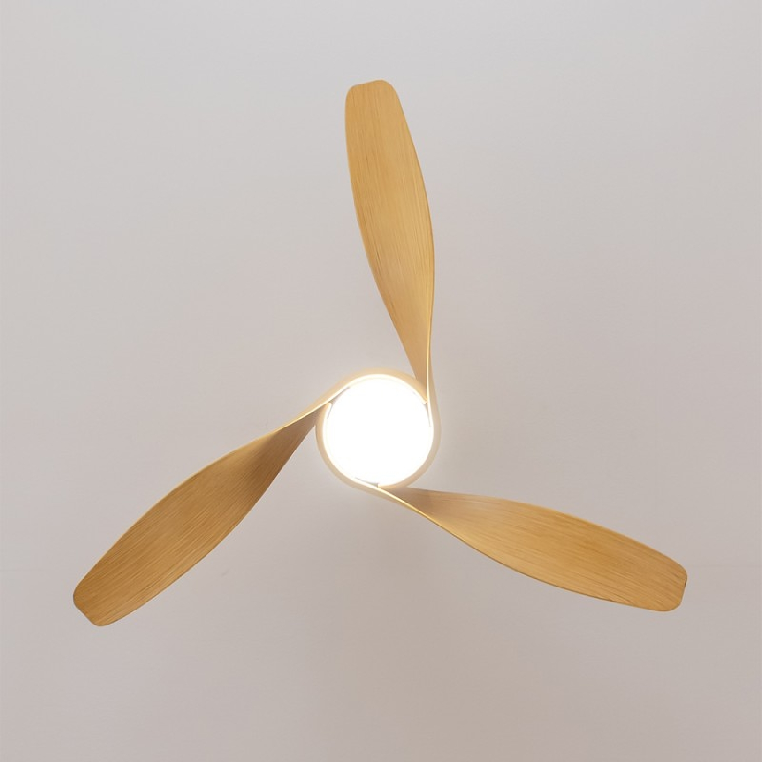 Ventilatore a soffitto con tre pale in legno e una luce centrale. Le pale hanno un design curvo.