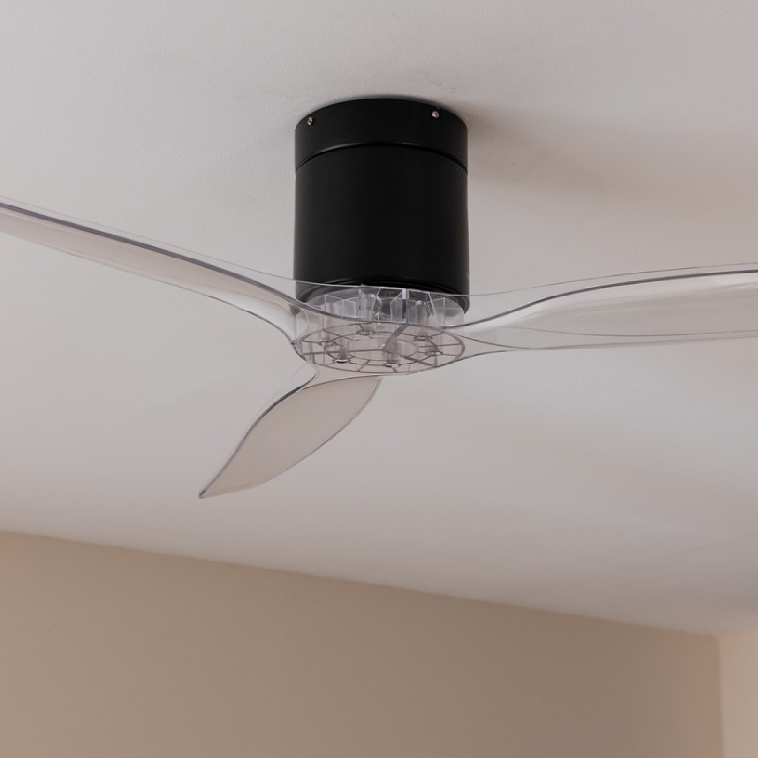 Ventilatore da soffitto, motore nero, pale trasparenti. Fissato a un soffitto bianco. Pale trasparenti. Muri beige sotto.