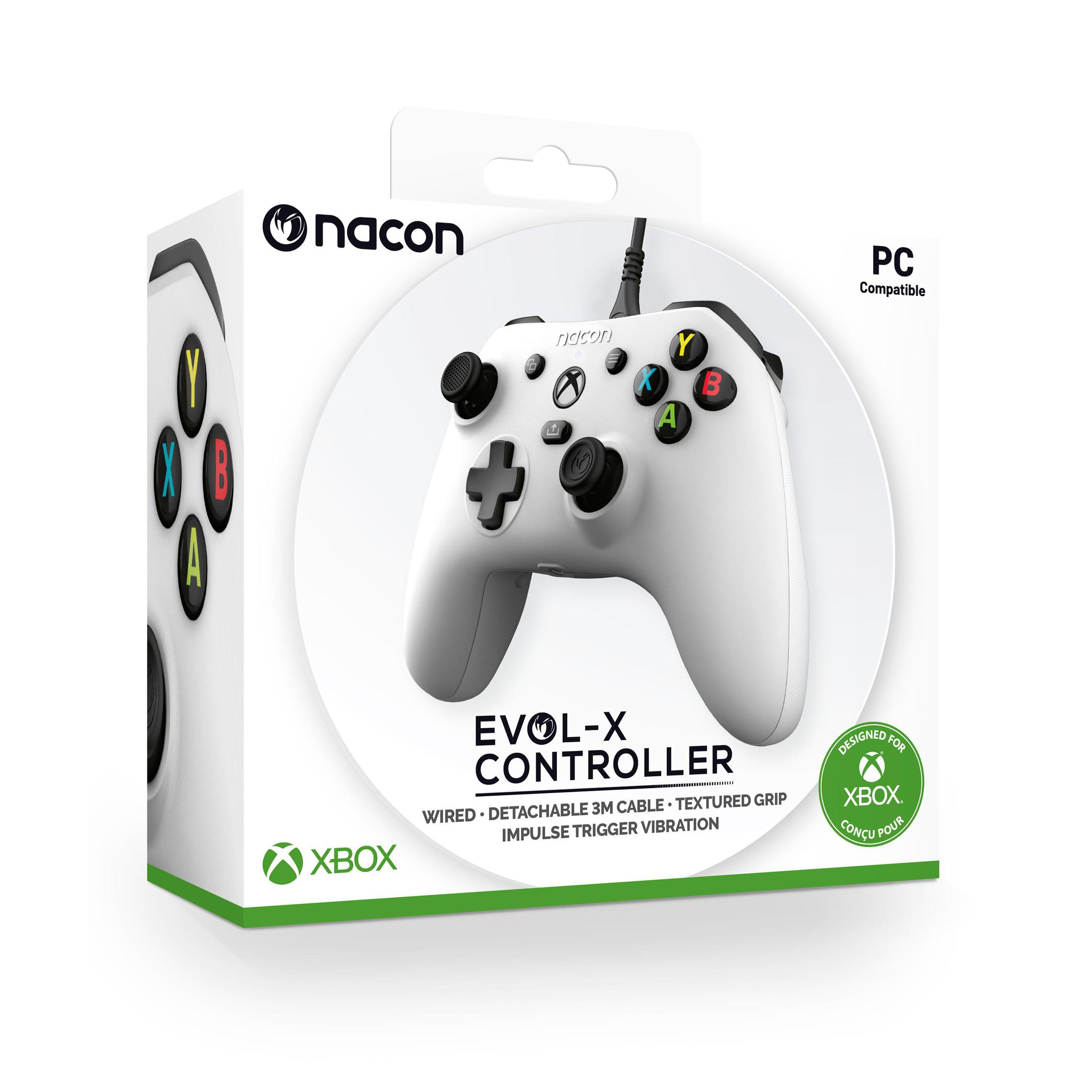 Biały gamepad z białym pudełkiem, z napisem "EVOL-X CONTROLLER". Kompatybilny z PC.