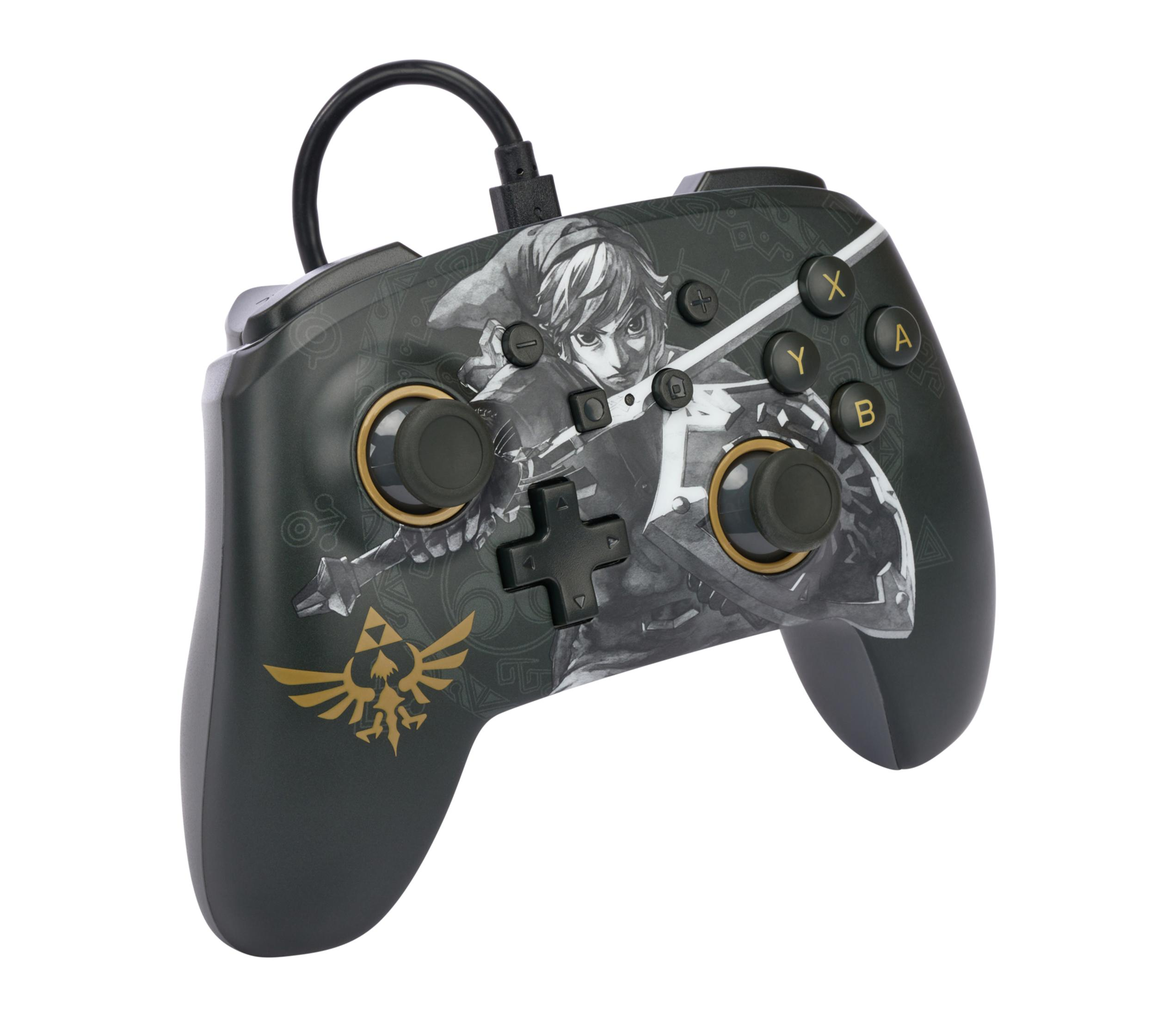Czarno-zielony kontroler z obrazem Zeldy i złotymi akcentami.