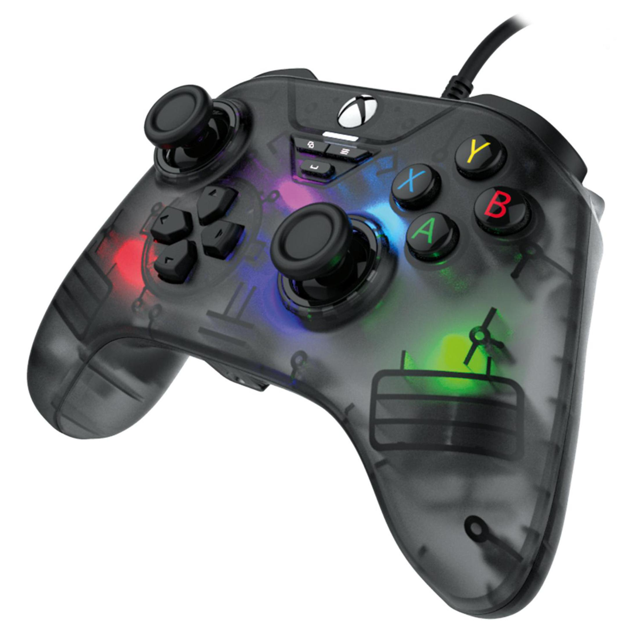 Transparenter Xbox-Controller mit bunten Lichtern. Schwarzes Kabel. Weißer Hintergrund.