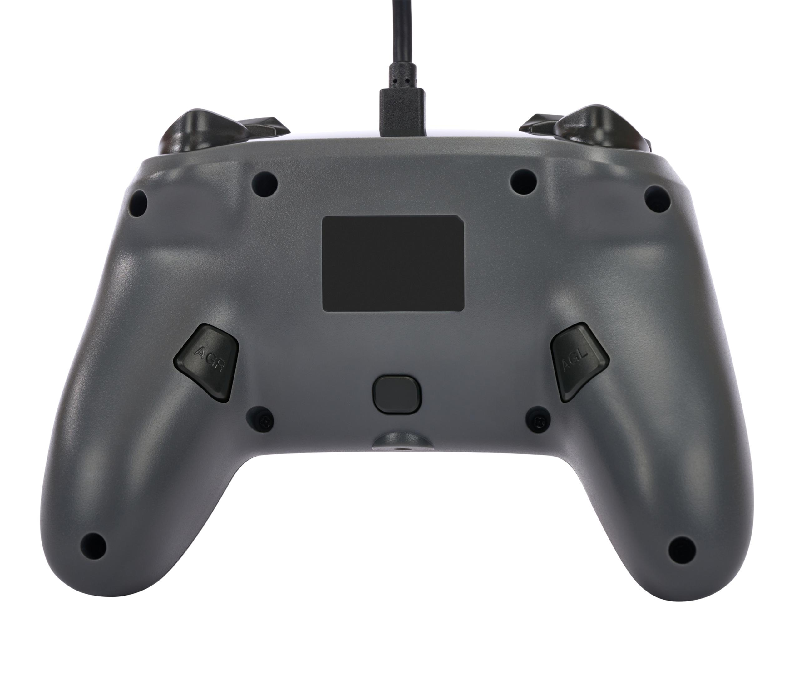 Widok z tyłu szarego kontrolera do gier z przyciskami, czarnym środkiem i kablem.
