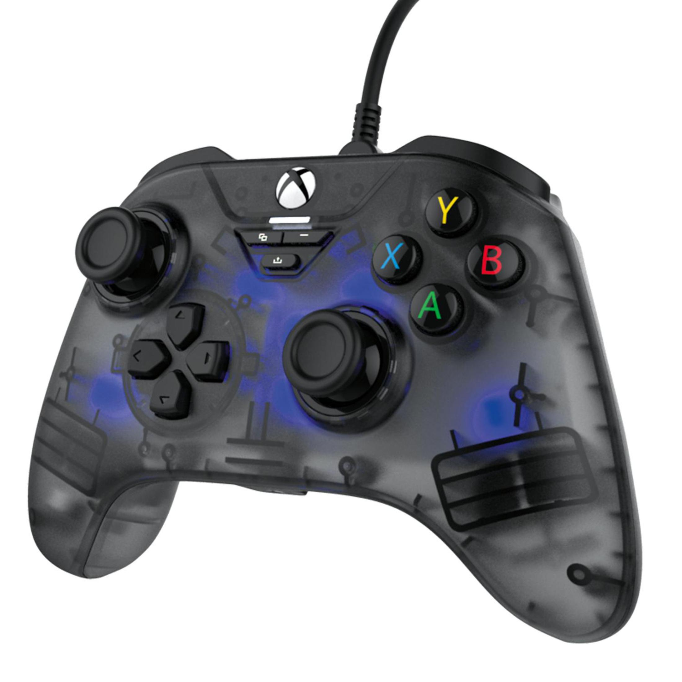 Transparenter Gamecontroller mit Knöpfen, auf weißem Hintergrund.