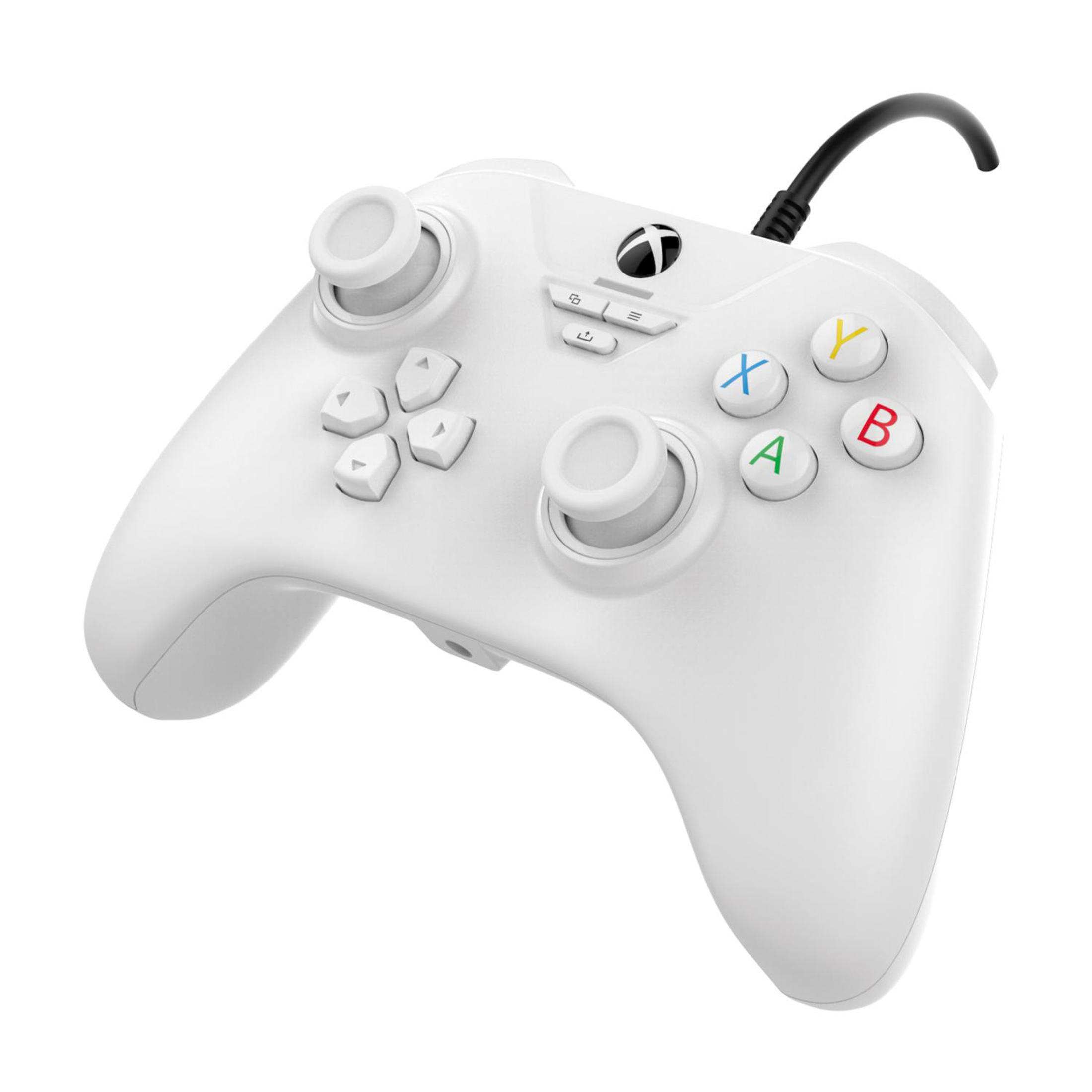 Ein weißer Xbox-Controller mit farbigen Tasten und einem schwarzen Kabel.