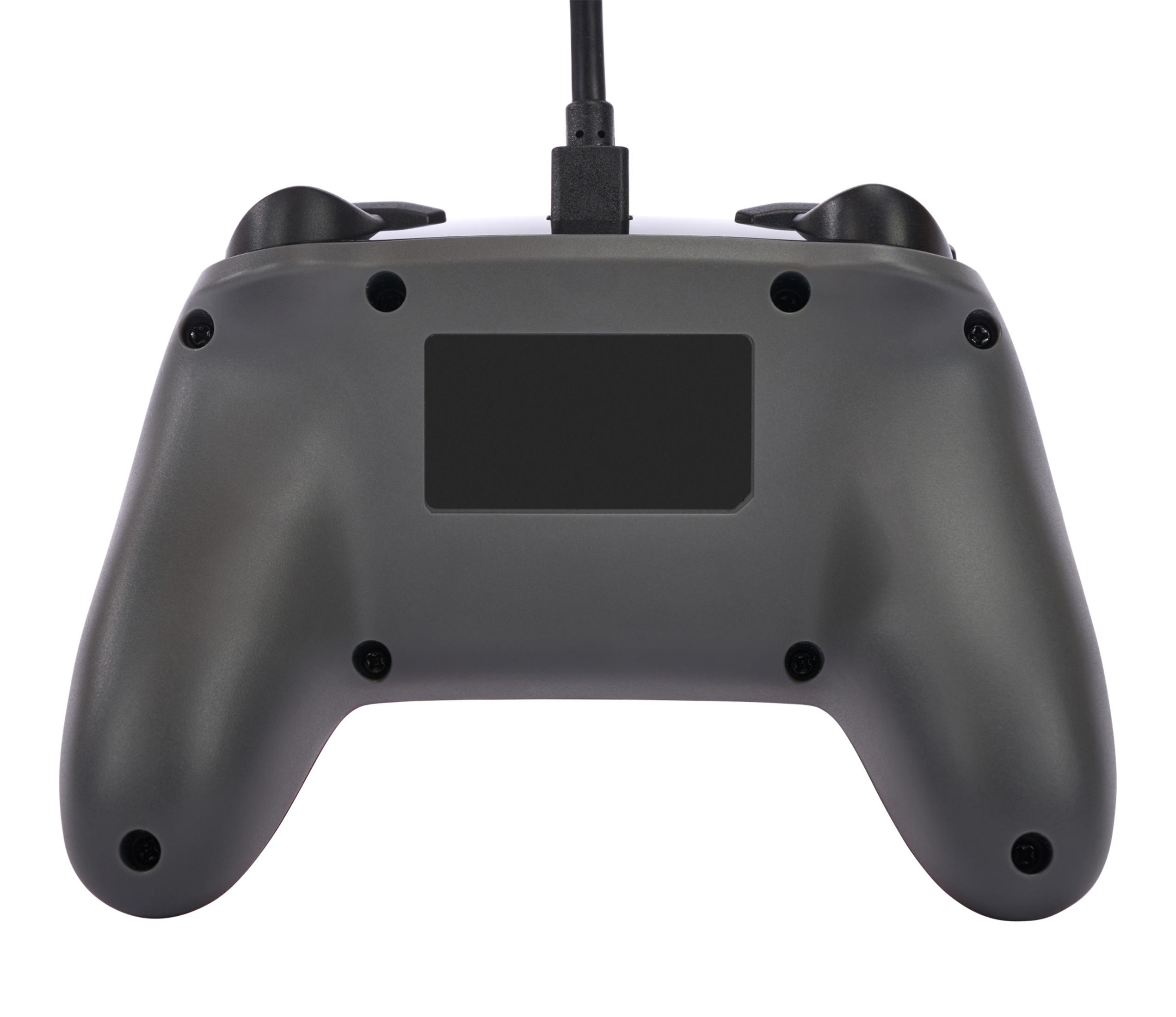 Achterkant van een grijze gamepad-controller met een USB-kabel aan de bovenkant.