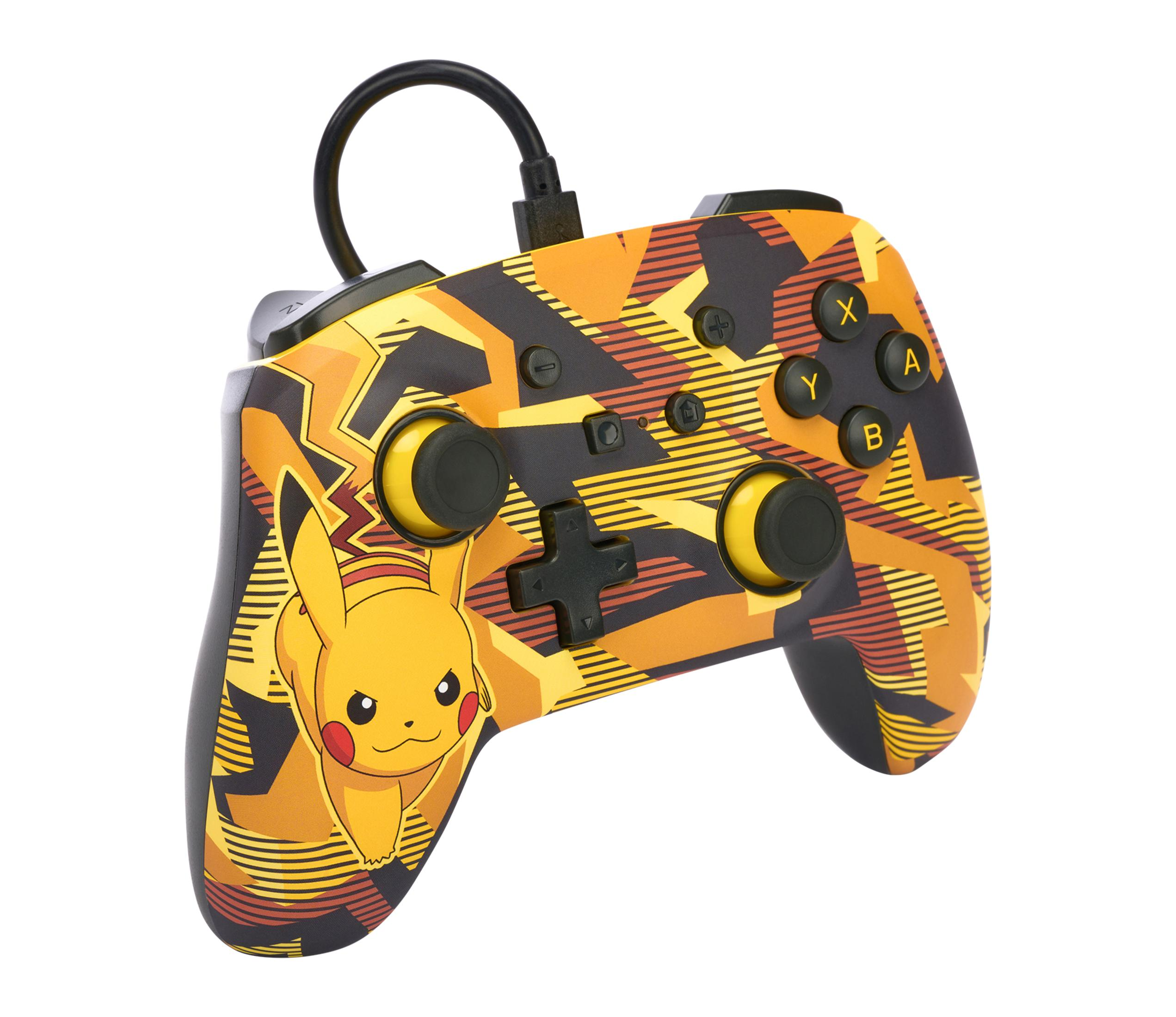 Kontroler Nintendo Switch w stylu Pikachu. Żółty, pomarańczowy i czarny design.