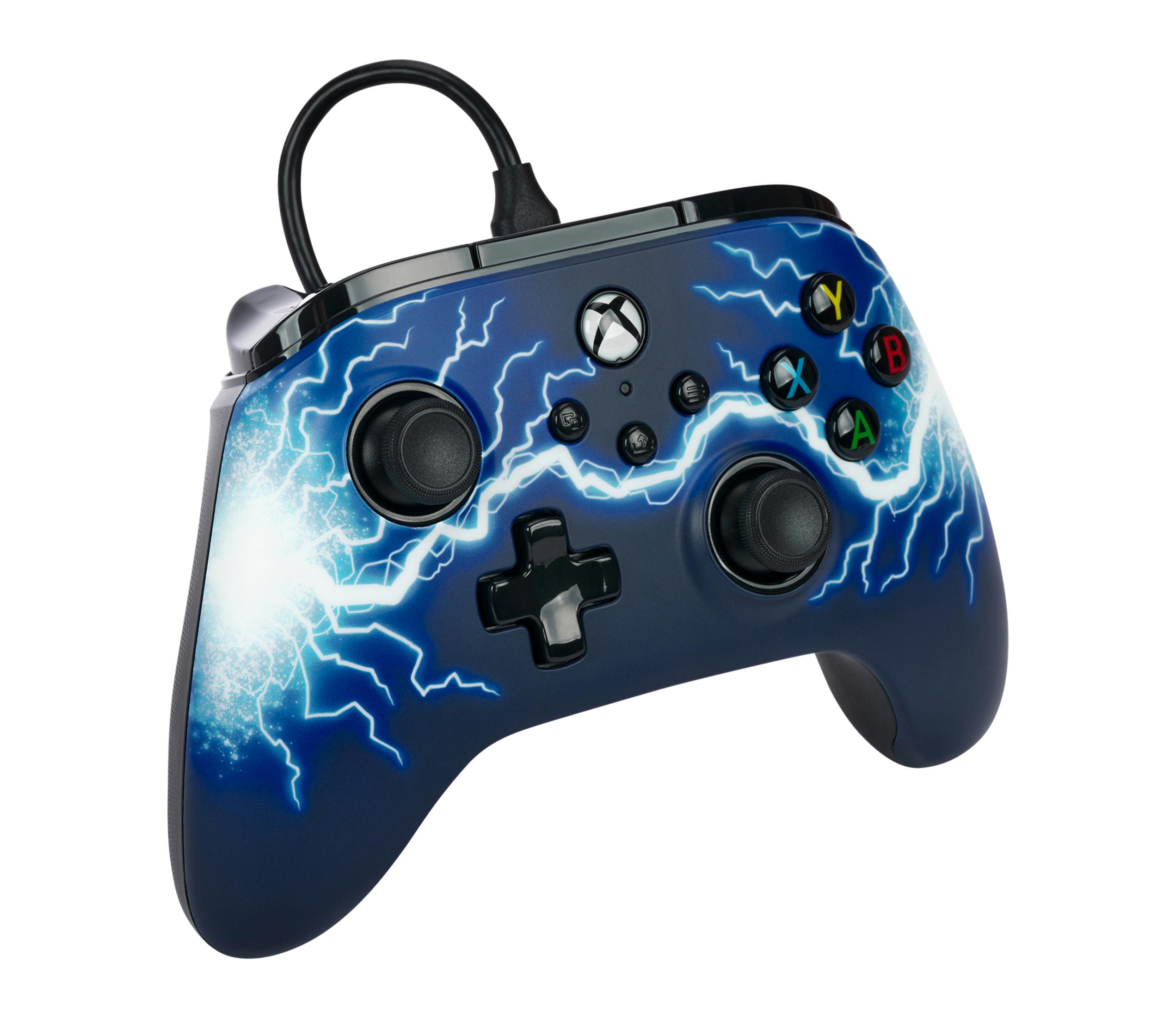 Ein blau-schwarzer Xbox-Controller mit Blitzgrafik. Knöpfe und Sticks sind sichtbar.