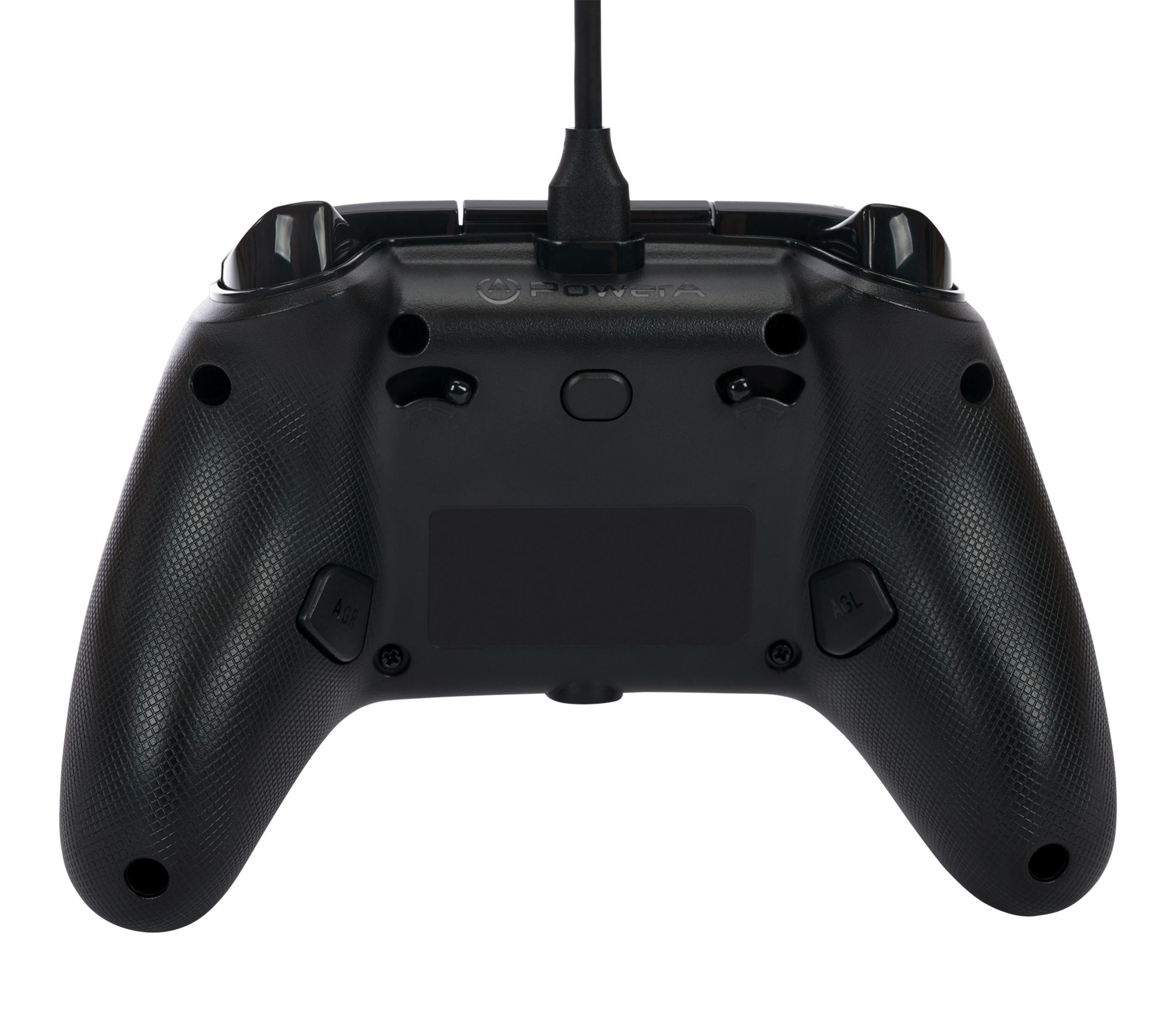 Rückseite des schwarzen Gamecontrollers. Text: Poweta. Merkmale: ABL, ABL-Taste, schwarz mit Ladeanschluss.