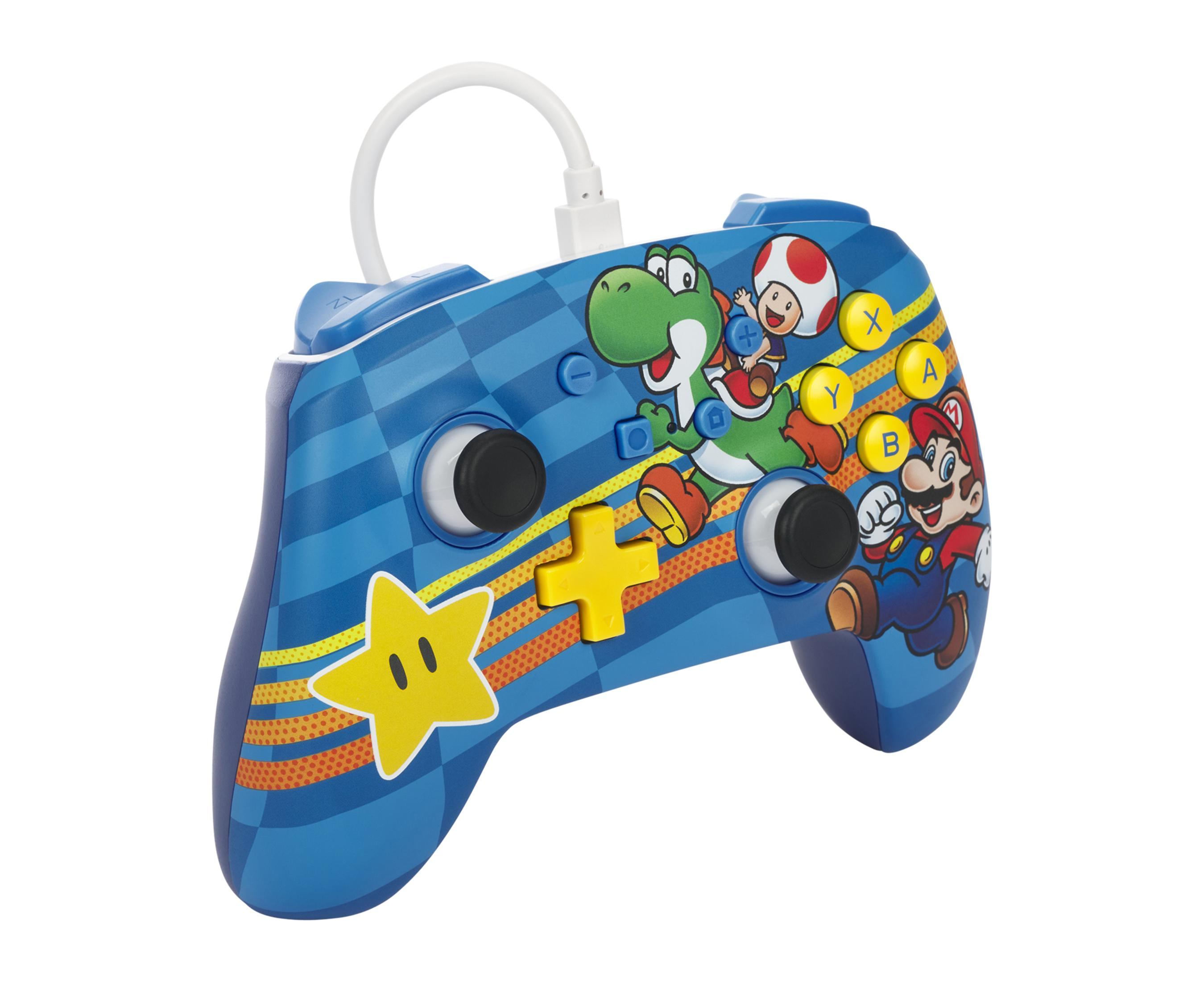 Ein blauer Nintendo Switch Controller mit Mario-Charakteren. Er hat ein weißes Kabel.