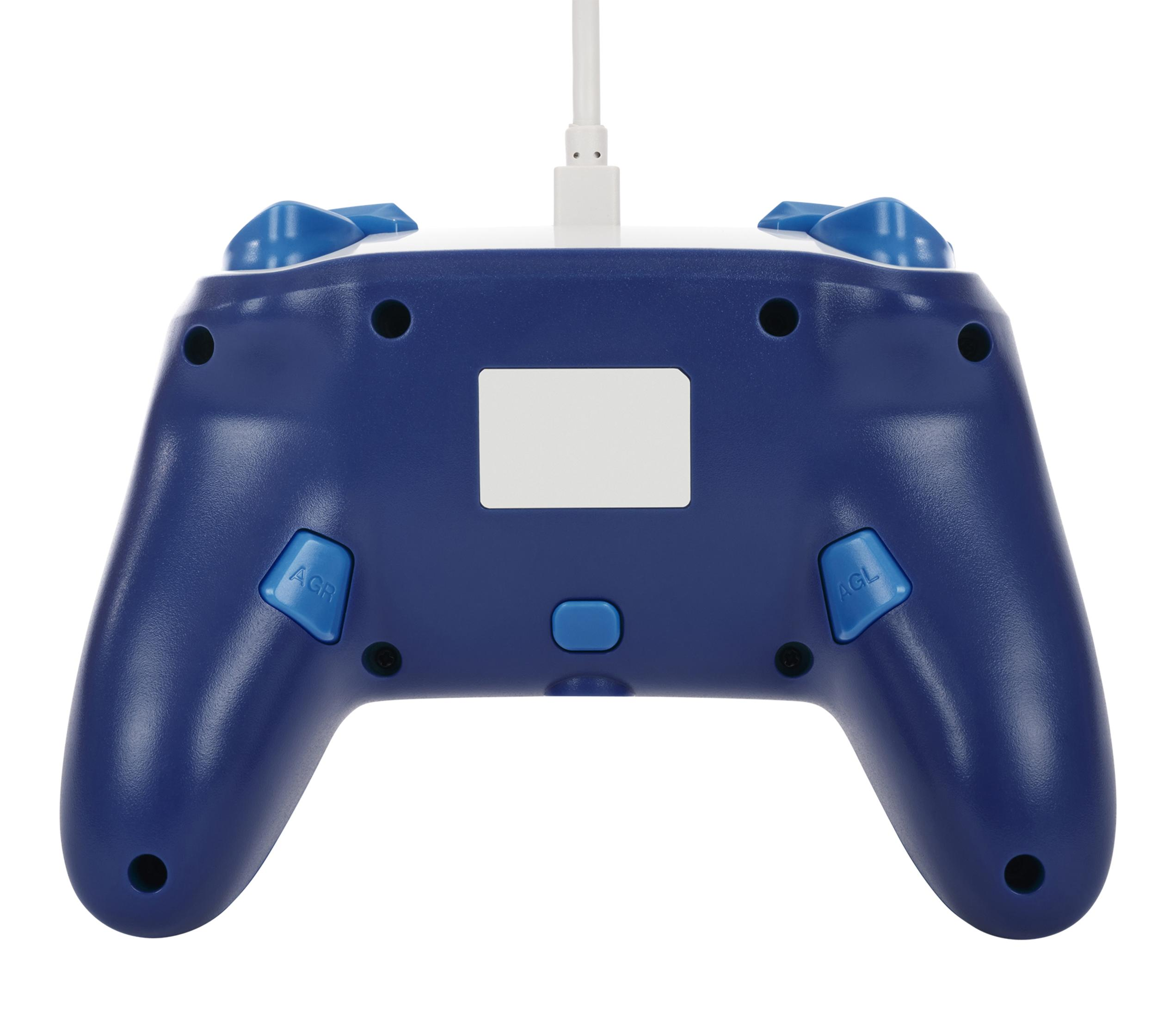 Die Rückseite eines marineblauen Gamecontrollers mit Aktions- und Menütasten.