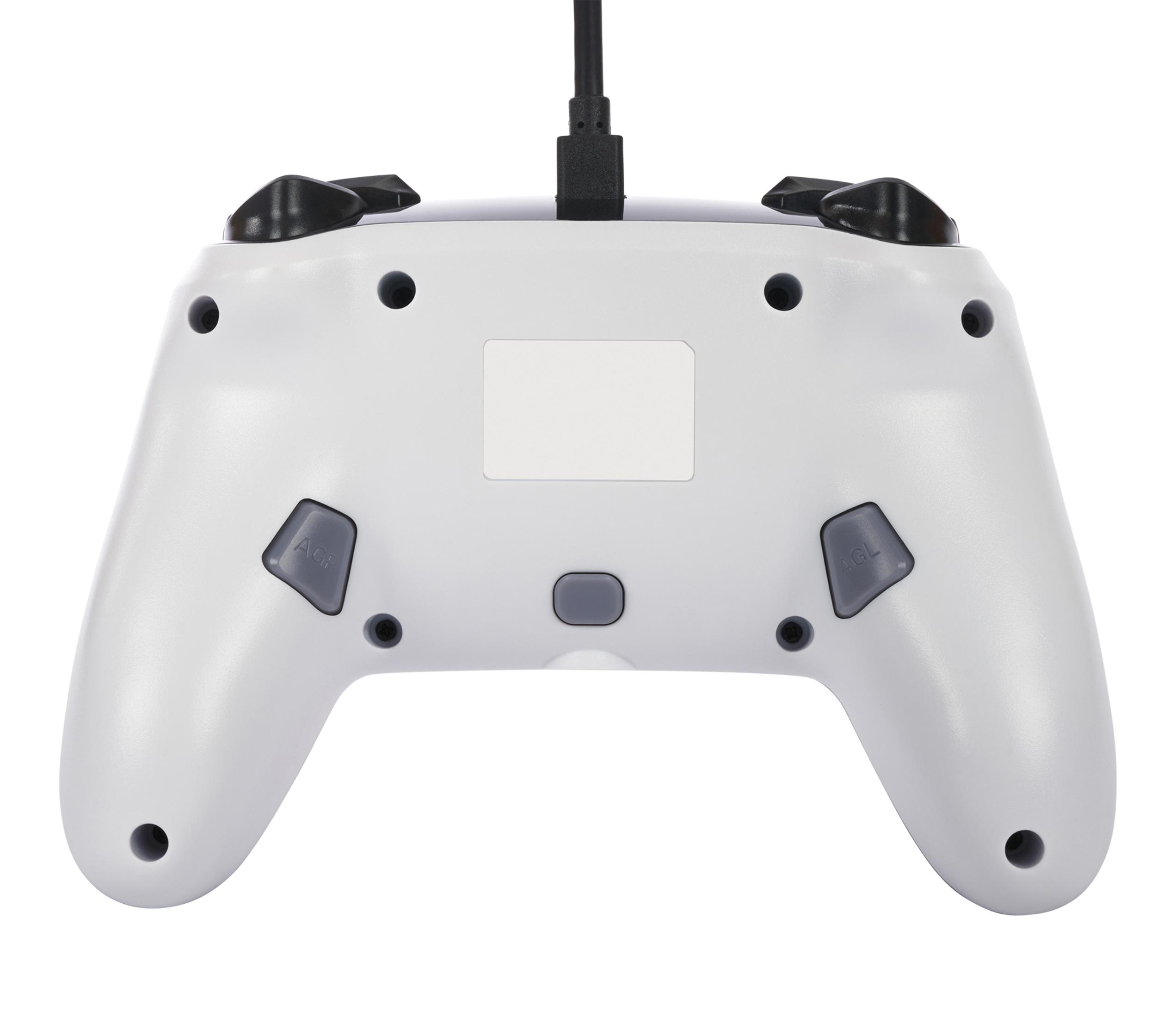 Weißer Gamecontroller von hinten. Es hat Knöpfe und ein Kabel ist angeschlossen.