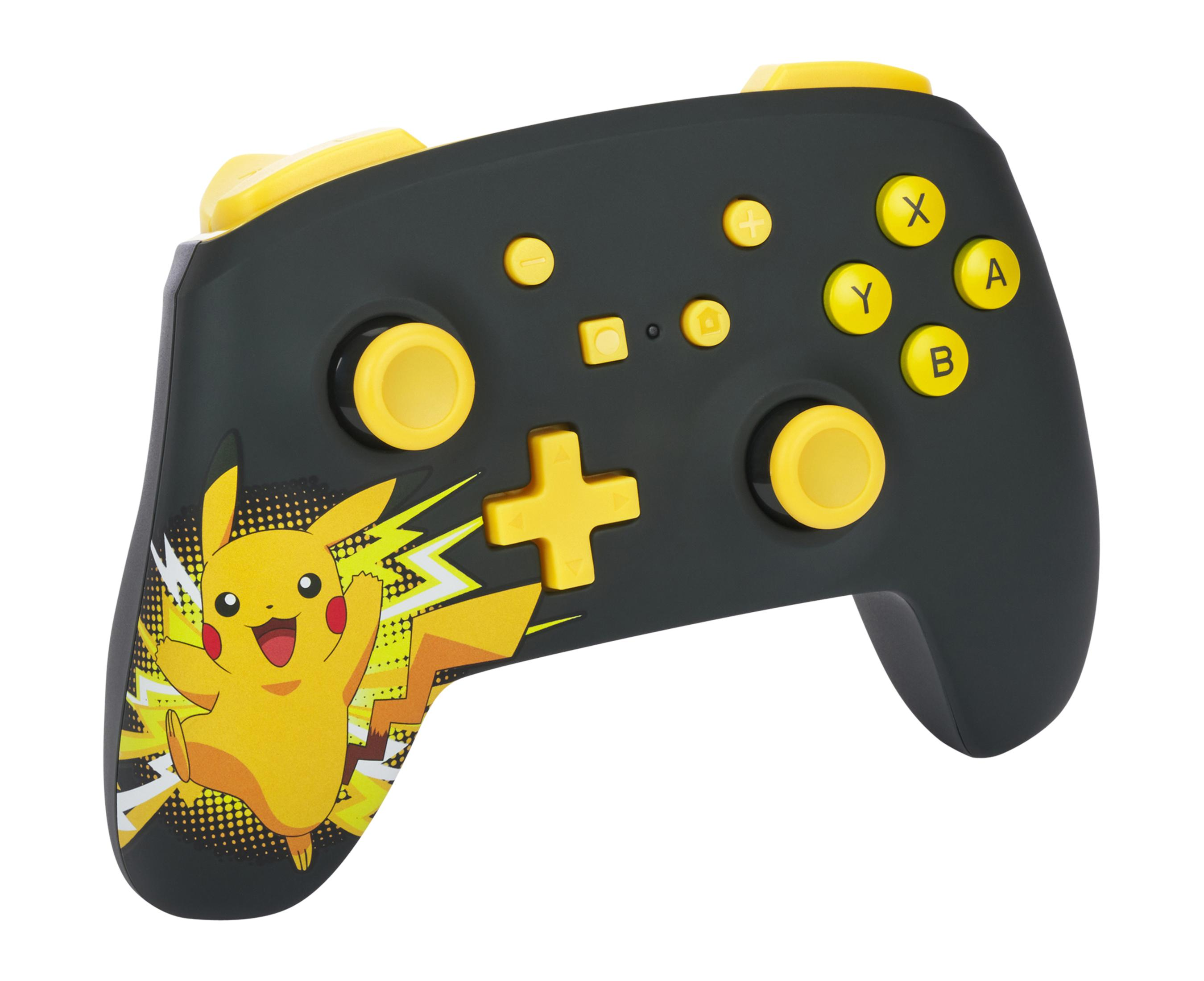 Schwarz-gelber Pikachu-Gamecontroller auf weißem Hintergrund.