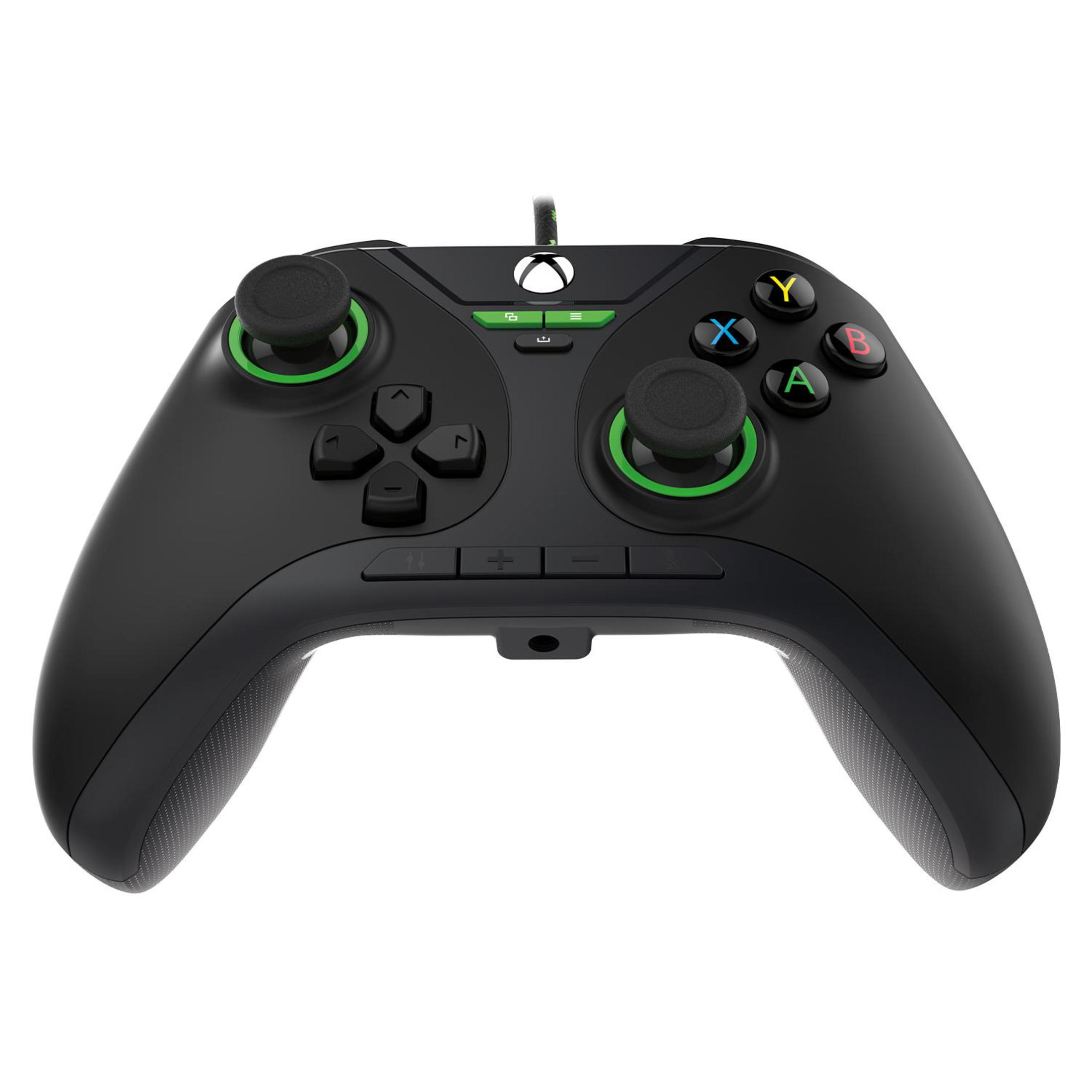 Schwarzer Xbox-Controller mit grünen Akzenten. Tasten: X, Y, A, B und Steuerkreuz.