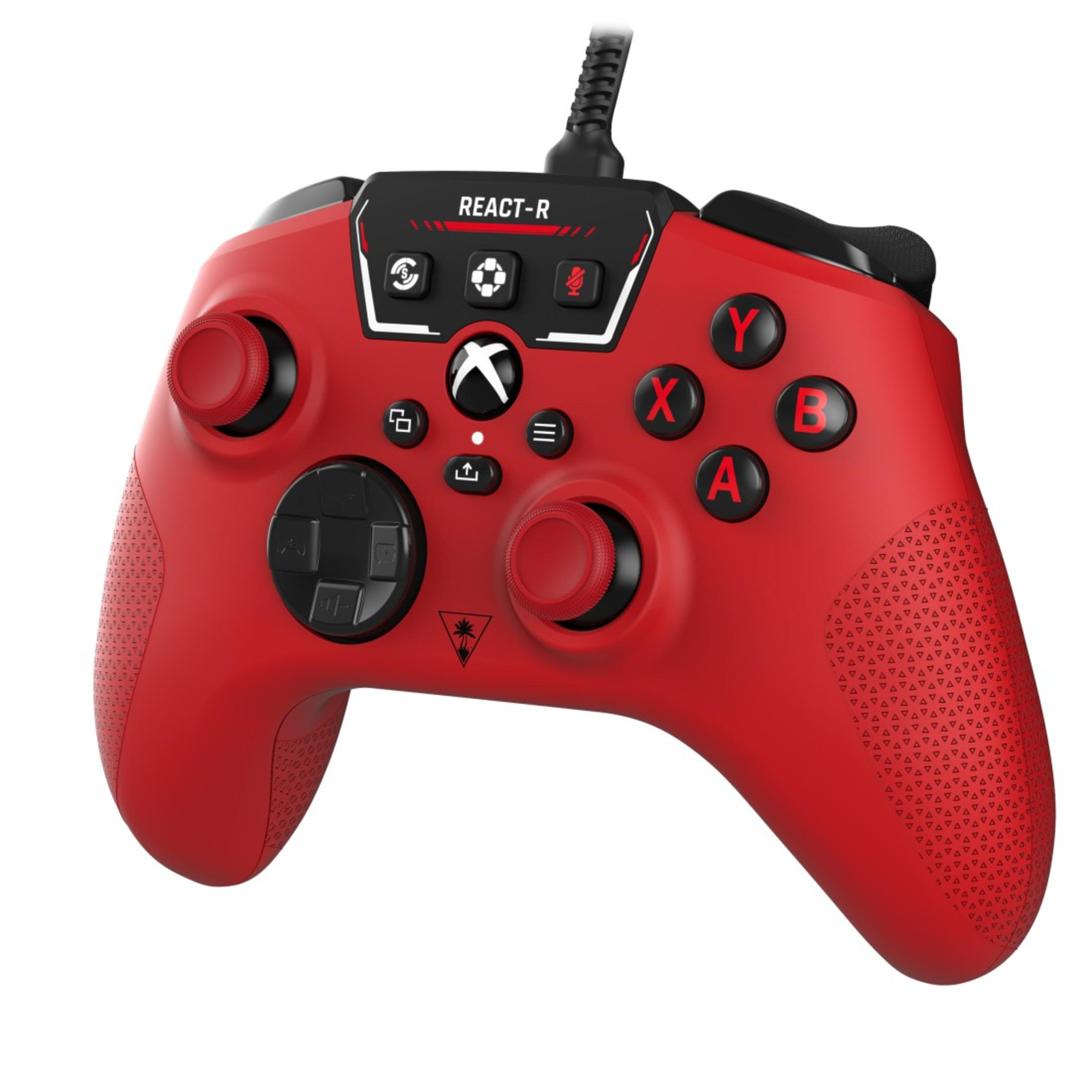 Roter Xbox-Controller mit mehreren Tasten und Kabel, zum Spielen.