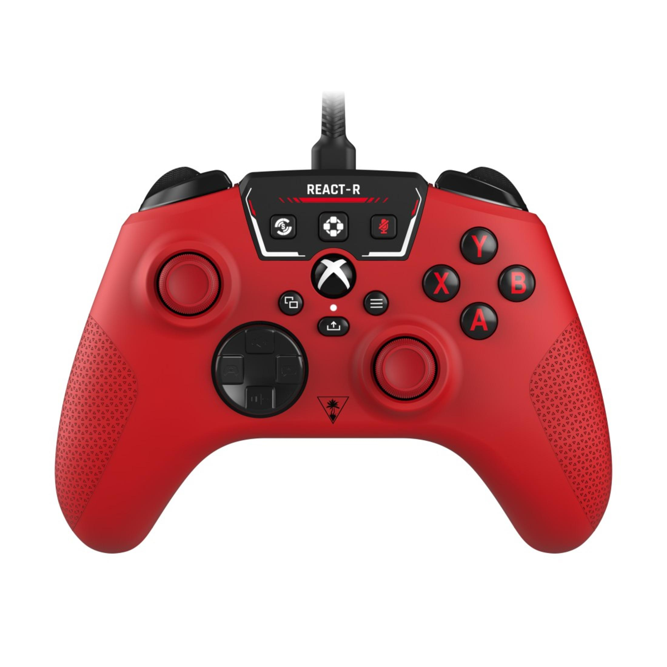 Roter Xbox-Controller mit schwarzen Knöpfen und einem React-R-Label.