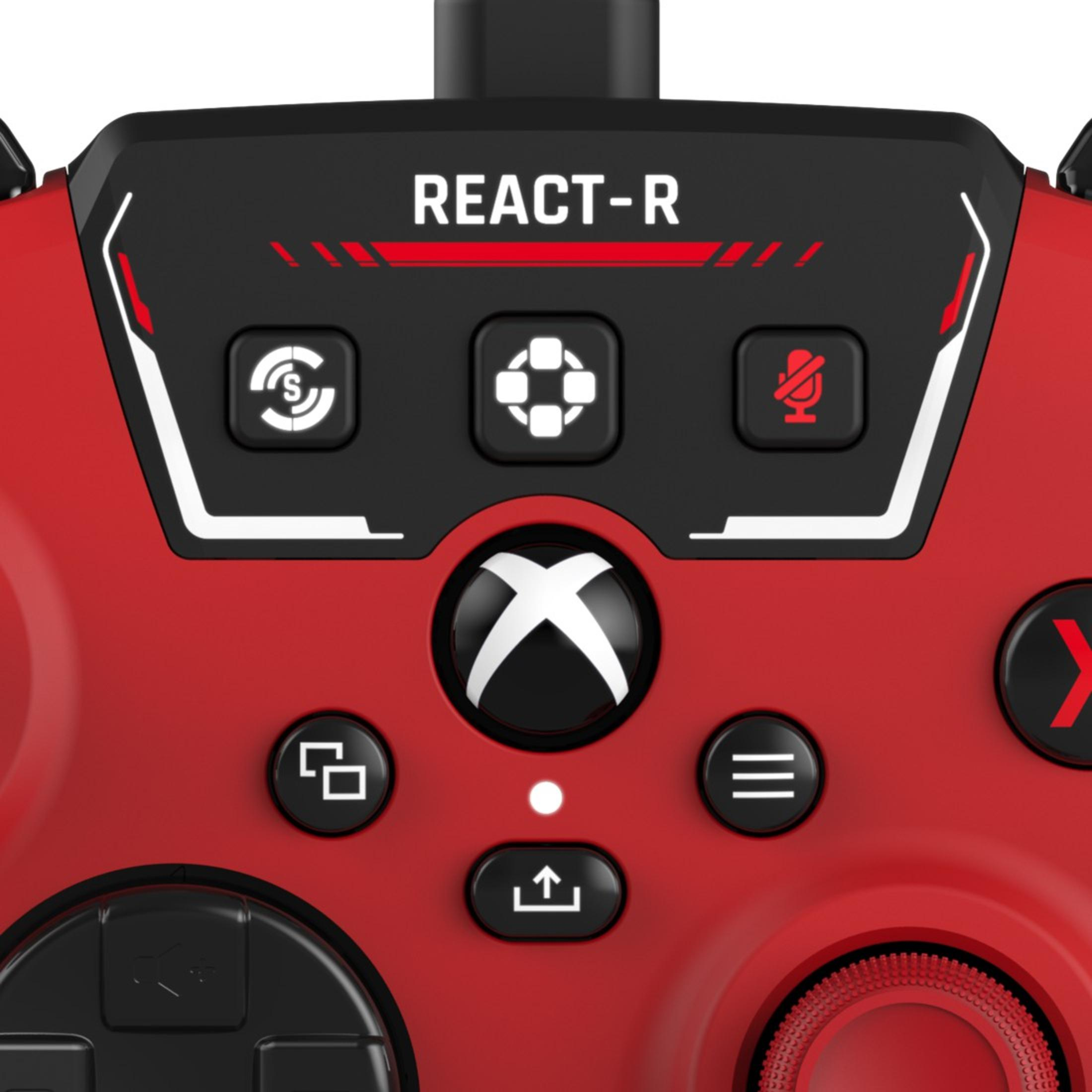 Ein roter Xbox-Controller mit verschiedenen Tasten, darunter ein weißes Xbox-Logo.