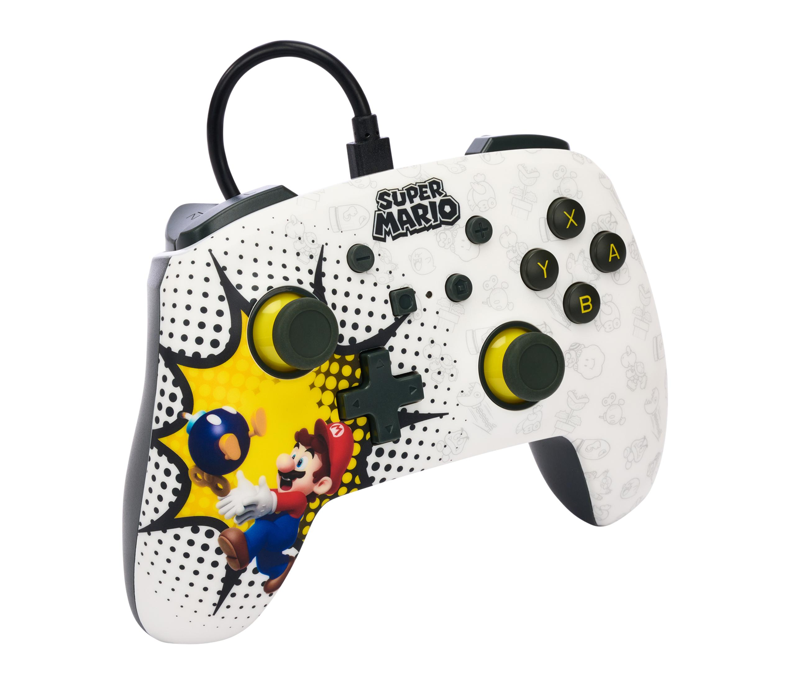 Ein weißer Super Mario Controller mit einer Bombe und Mario auf der Seite.
