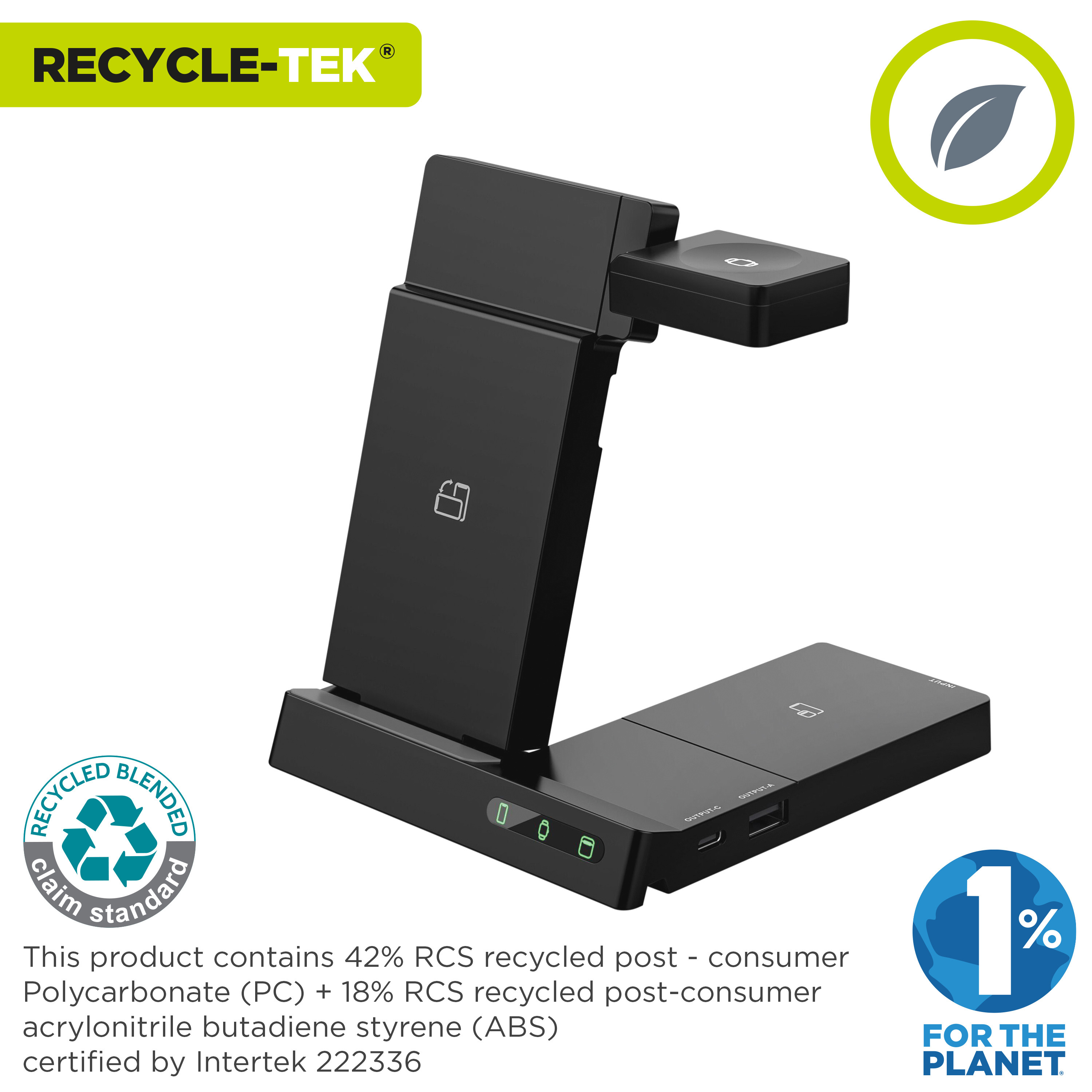 Cargador inalámbrico negro con logo de reciclaje y un icono de hoja.