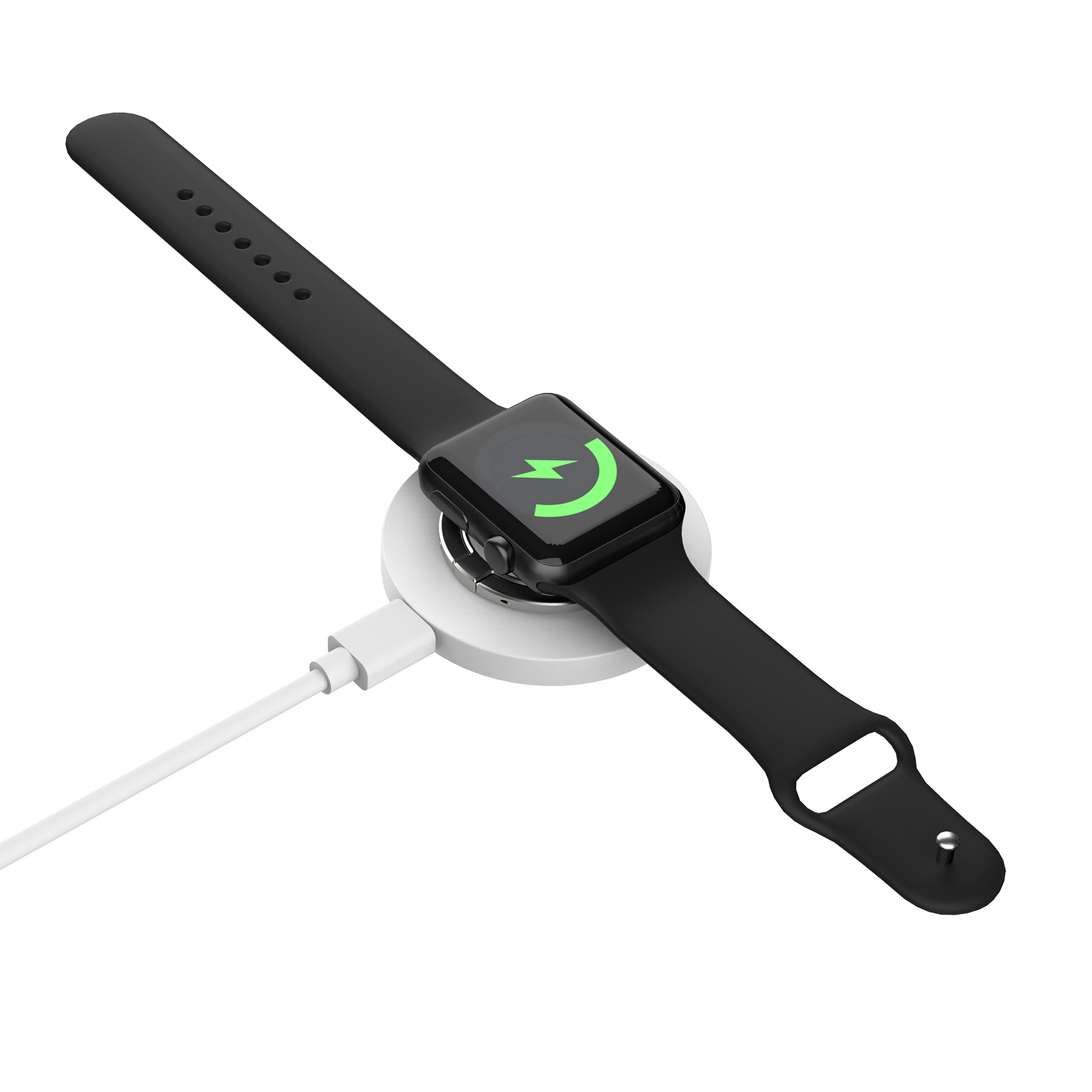 Apple Watch negra en base de carga blanca con cable.