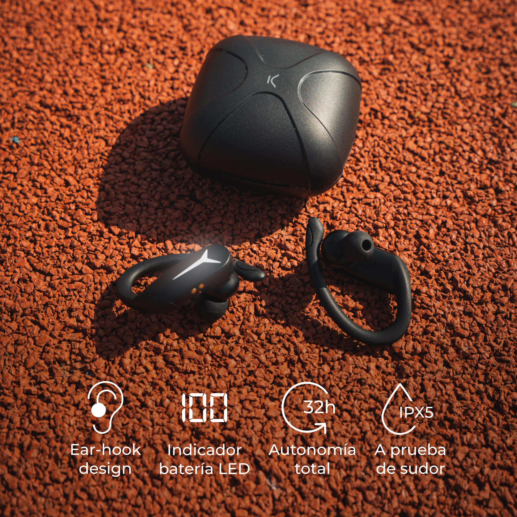 Auriculares inalámbricos negros y estuche de carga, con iconos de diseño de gancho, LED, autonomía total, a prueba de sudor.