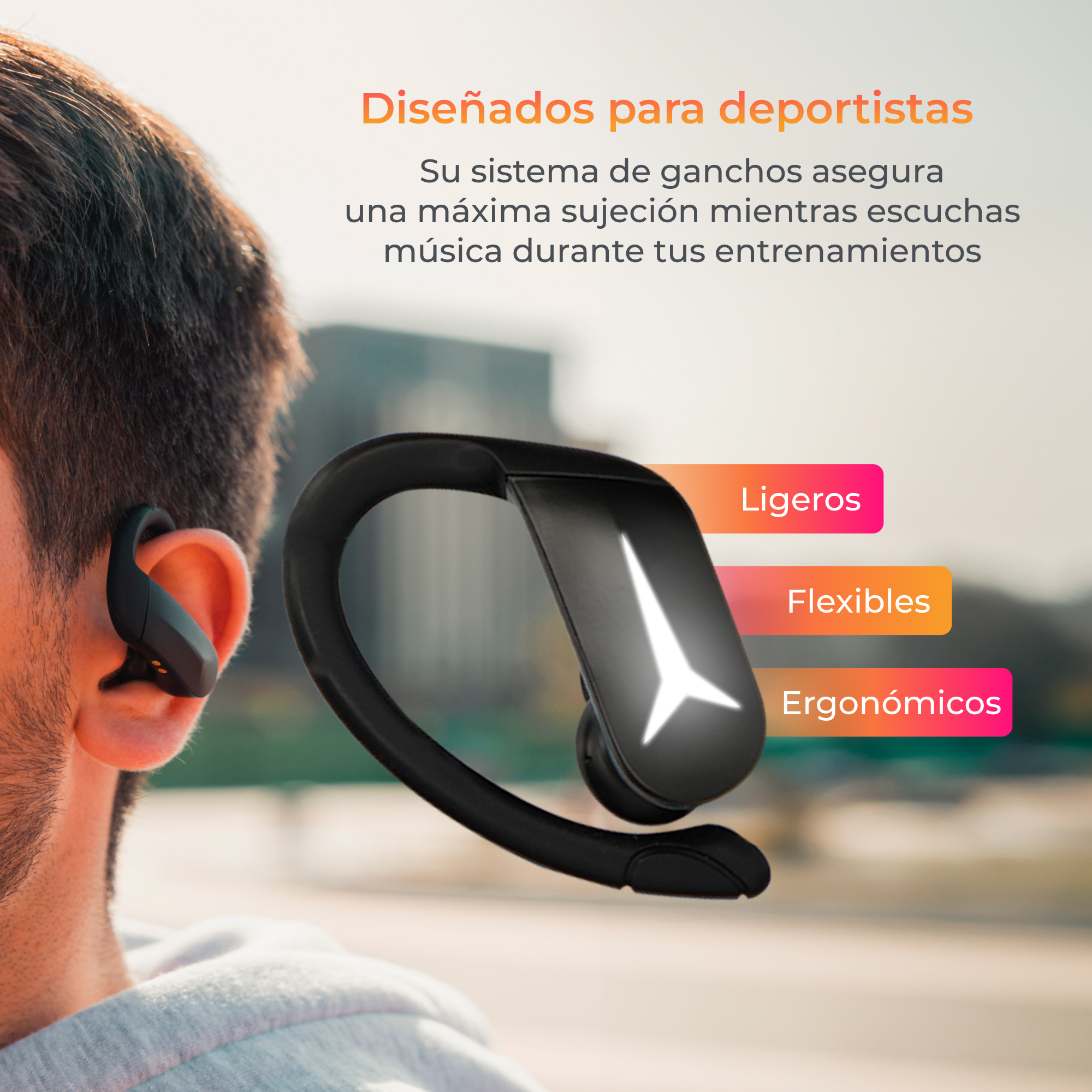 Auriculares deportivos. Se muestra la oreja de una persona con auriculares y palabras clave.