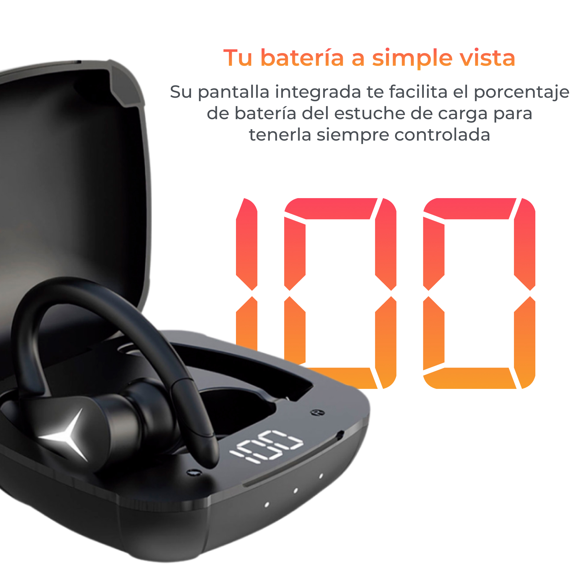 Estuche de auriculares inalámbricos mostrando 100% de batería. Números negros y naranjas.