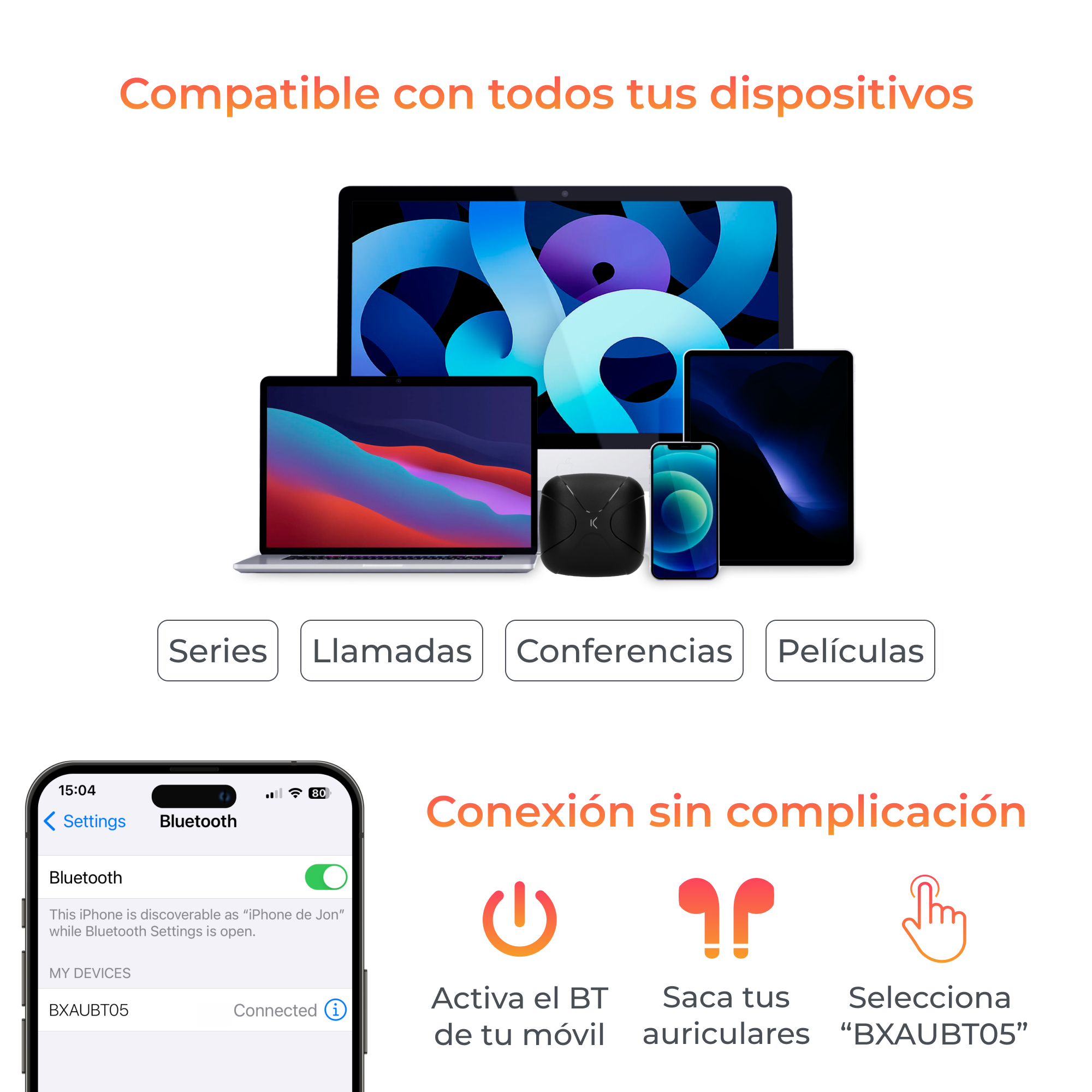 Imagen promocional que muestra dispositivos conectados por Bluetooth. Incluye teléfono, tableta y portátil.