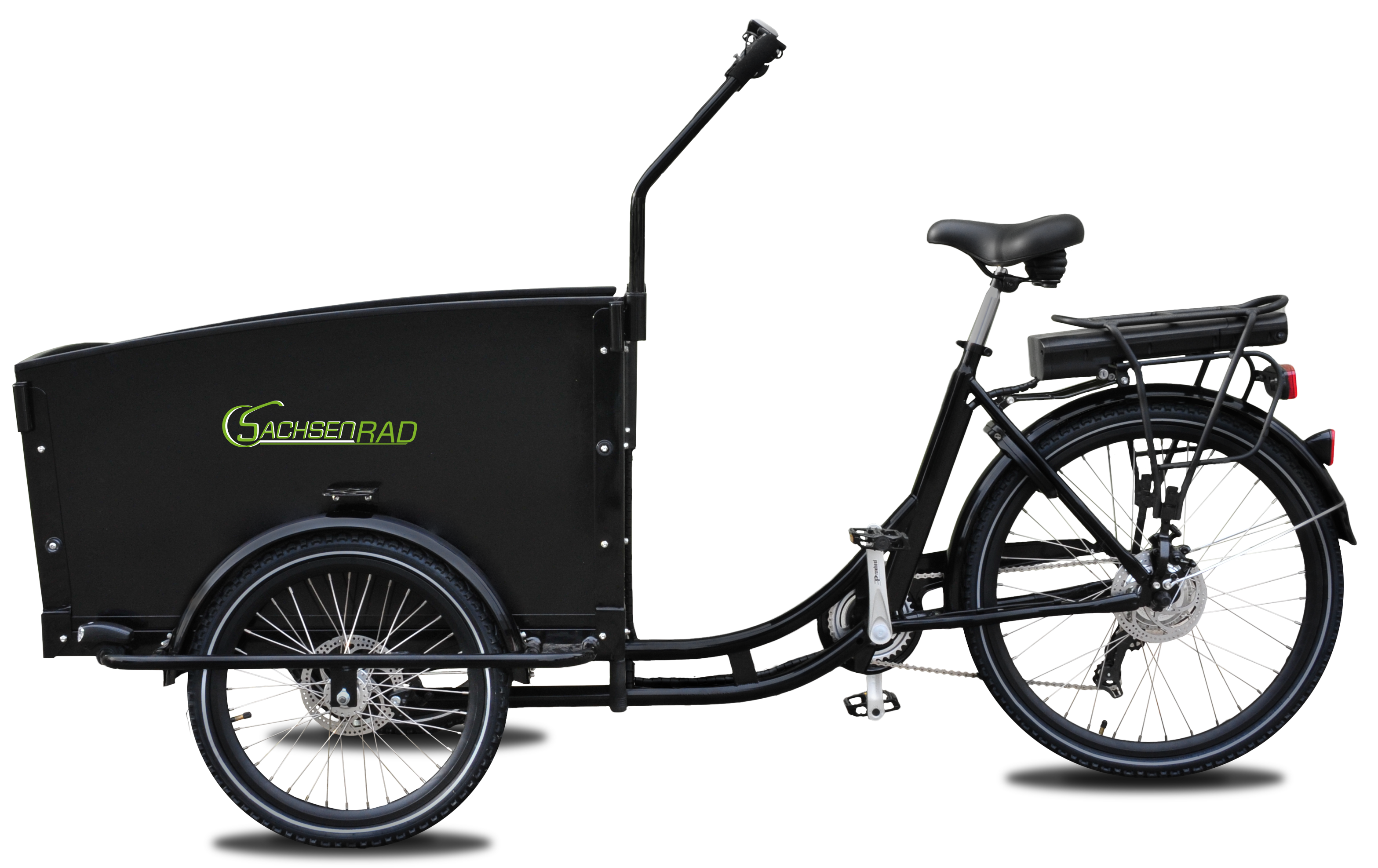 Schwarzes Lastenrad mit Box vorne und Gepäckträger hinten.