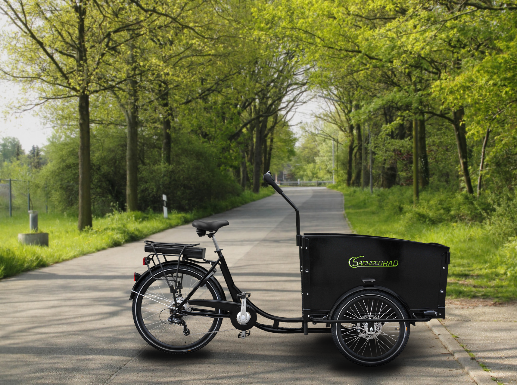 Schwarzes Lastenrad auf asphaltierter Straße, Bäume beidseitig, sonniger Tag.