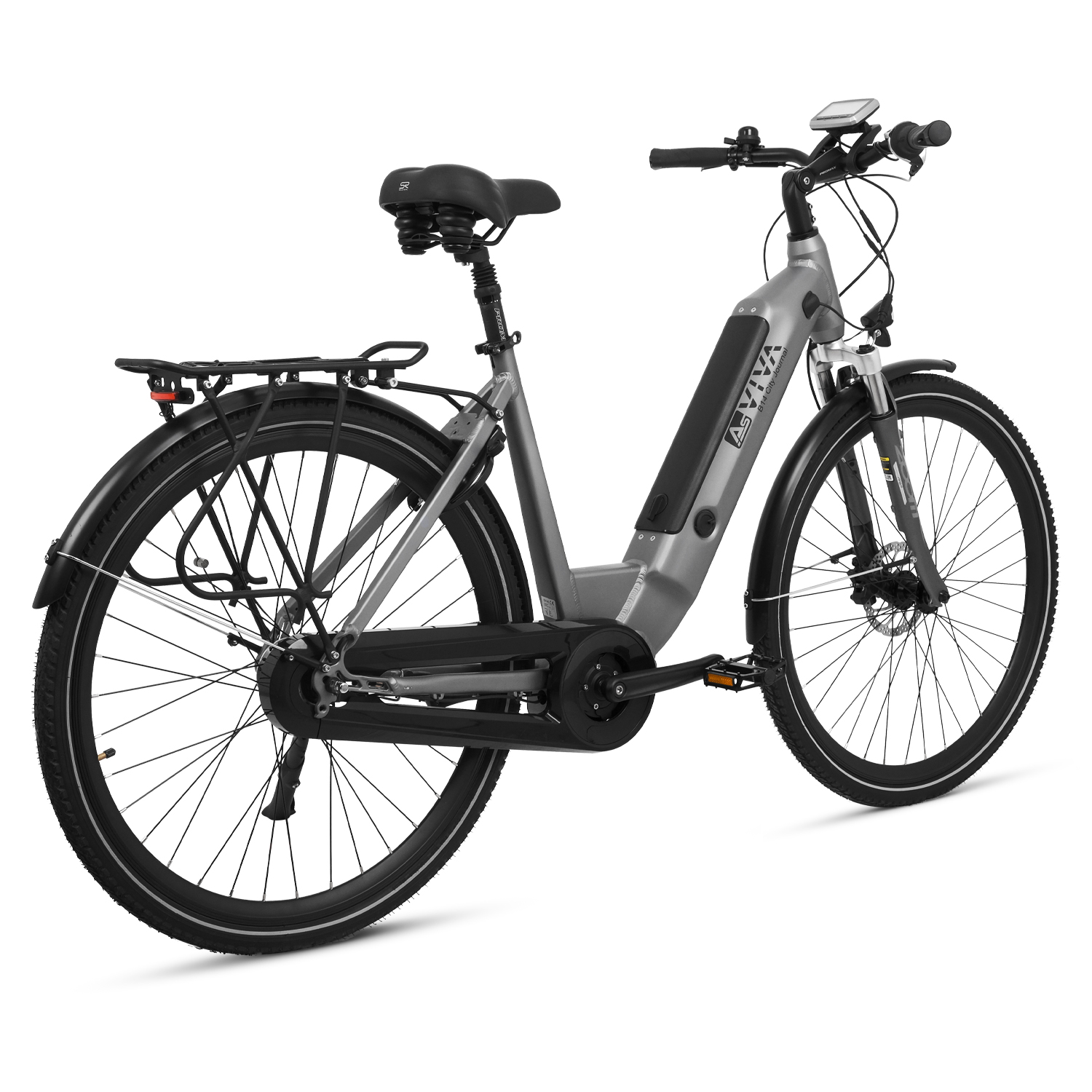 Ein graues Elektrofahrrad vor weißem Hintergrund, mit sichtbarem Akku, Sattel und Lenker.
