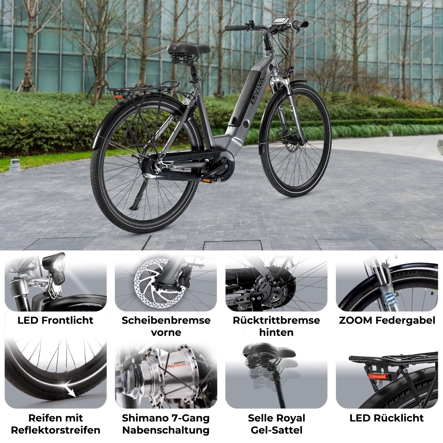 Graues Elektrofahrrad. Enthält Details wie LED-Lichter, Scheibenbremsen und ein Shimano-Getriebesystem.