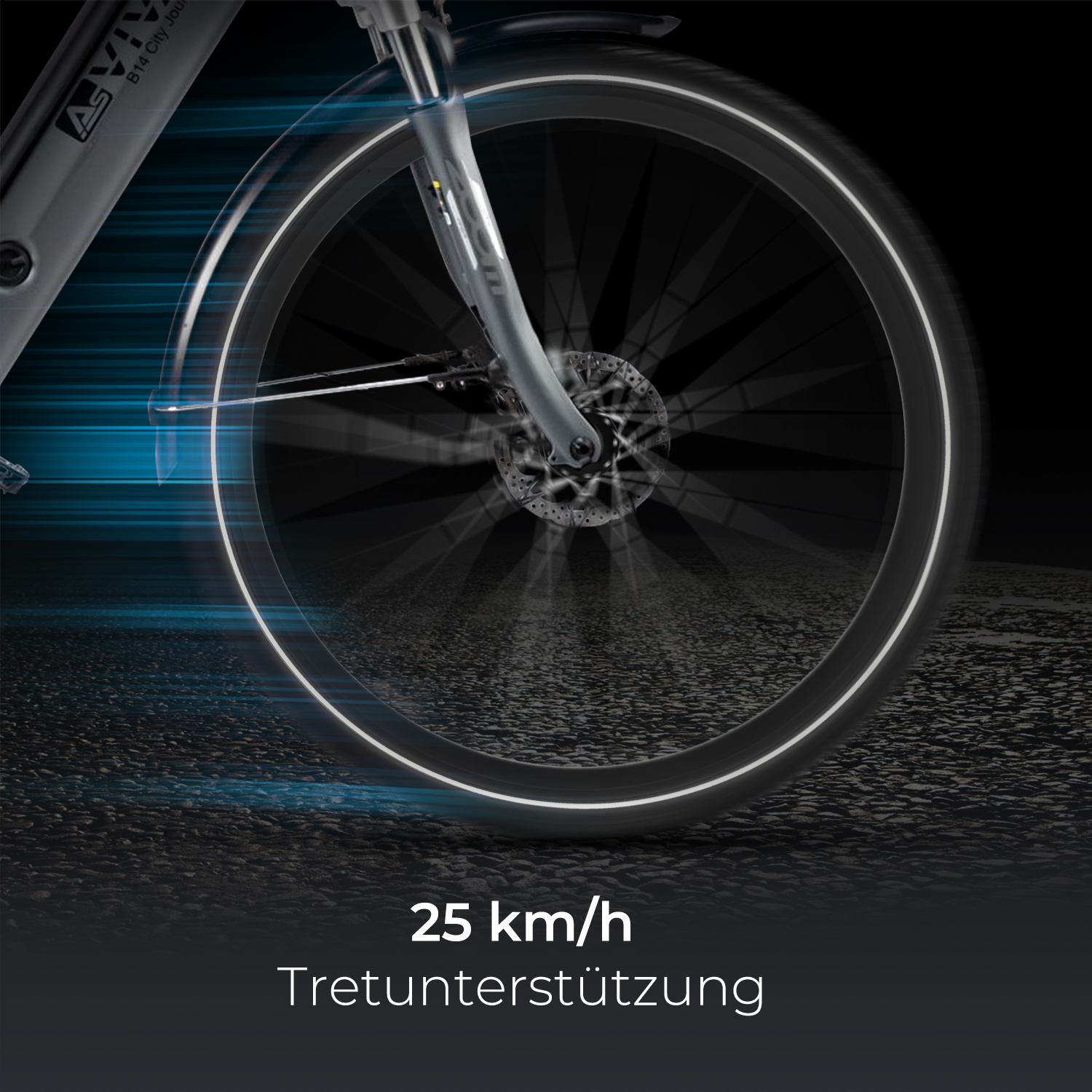 Ein Fahrradrad dreht sich und zeigt Bewegung. Der Text lautet '25 km/h' und darunter 'Tretunterstützung'.