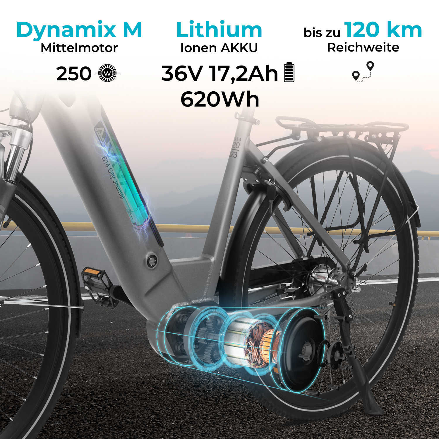 Ein graues Elektrofahrrad mit beschrifteten Komponenten vor verschwommenem, dynamischem Hintergrund.