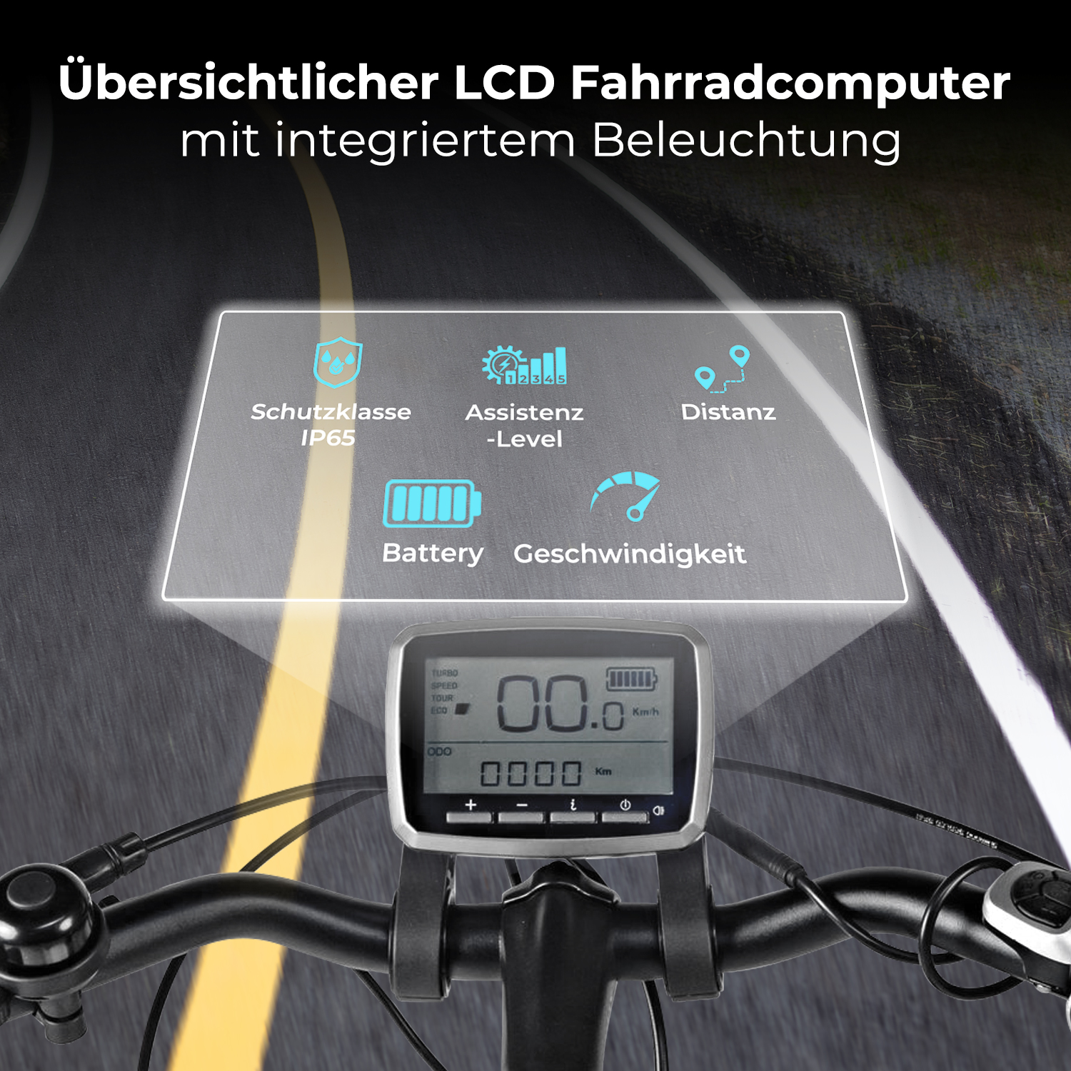 Fahrradcomputer mit Informationen. Zeigt Geschwindigkeit, Batterie und Entfernung. Der Computer befindet sich am Lenker.
