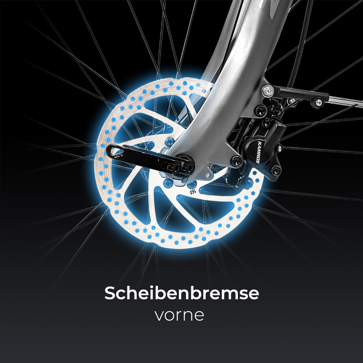 Fahrrad-Scheibenbremse mit blauem Licht hervorgehoben.