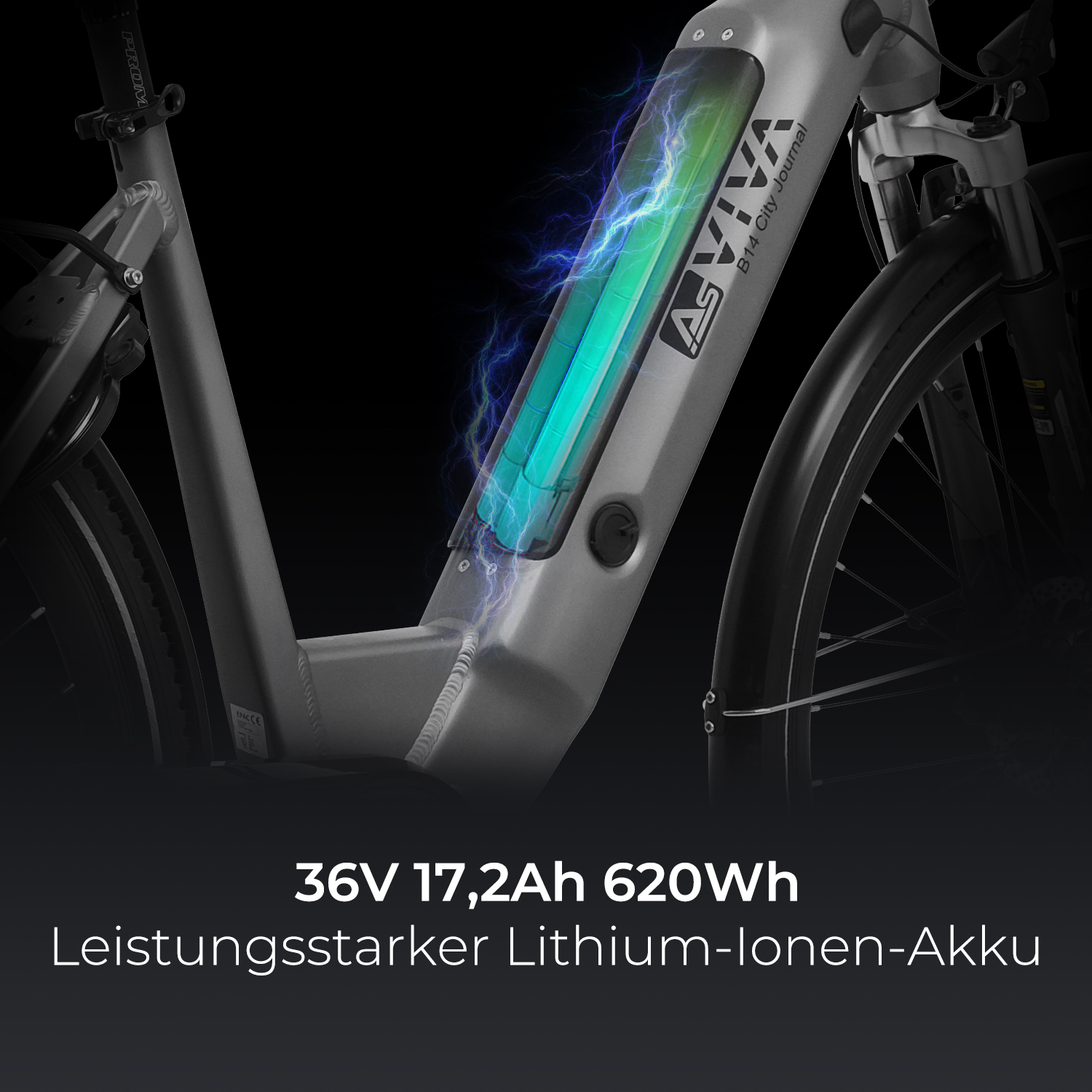 E-Bike mit Akkuanzeige und Text über seine Leistung.