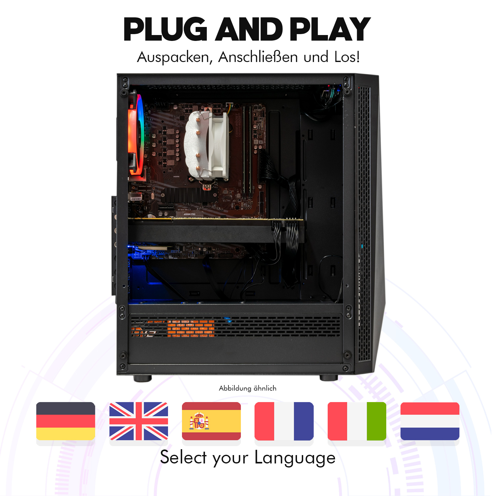 Ein Computergehäuse mit seinen Komponenten. Flaggen mehrerer Länder befinden sich am unteren Rand, wählen Sie Ihre Sprache.