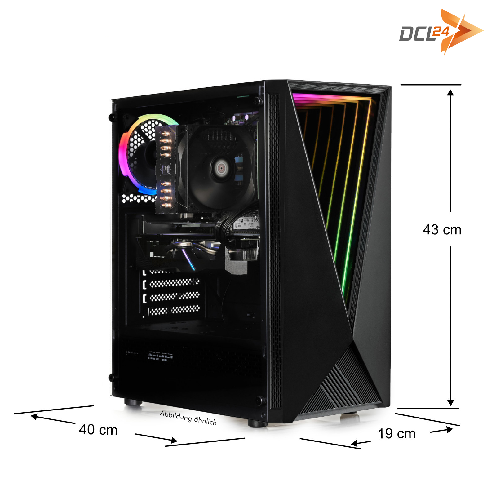 Schwarzes PC-Gehäuse mit Maßen, links offen, um Komponenten mit Regenbogenlichtern zu zeigen.