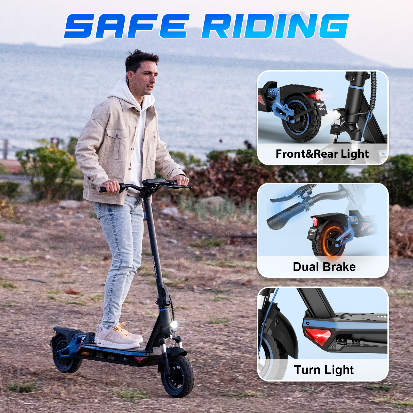 Person fährt Roller mit hervorgehobenen Funktionen: Front&Rücklicht, Doppelbremse, Blinker.