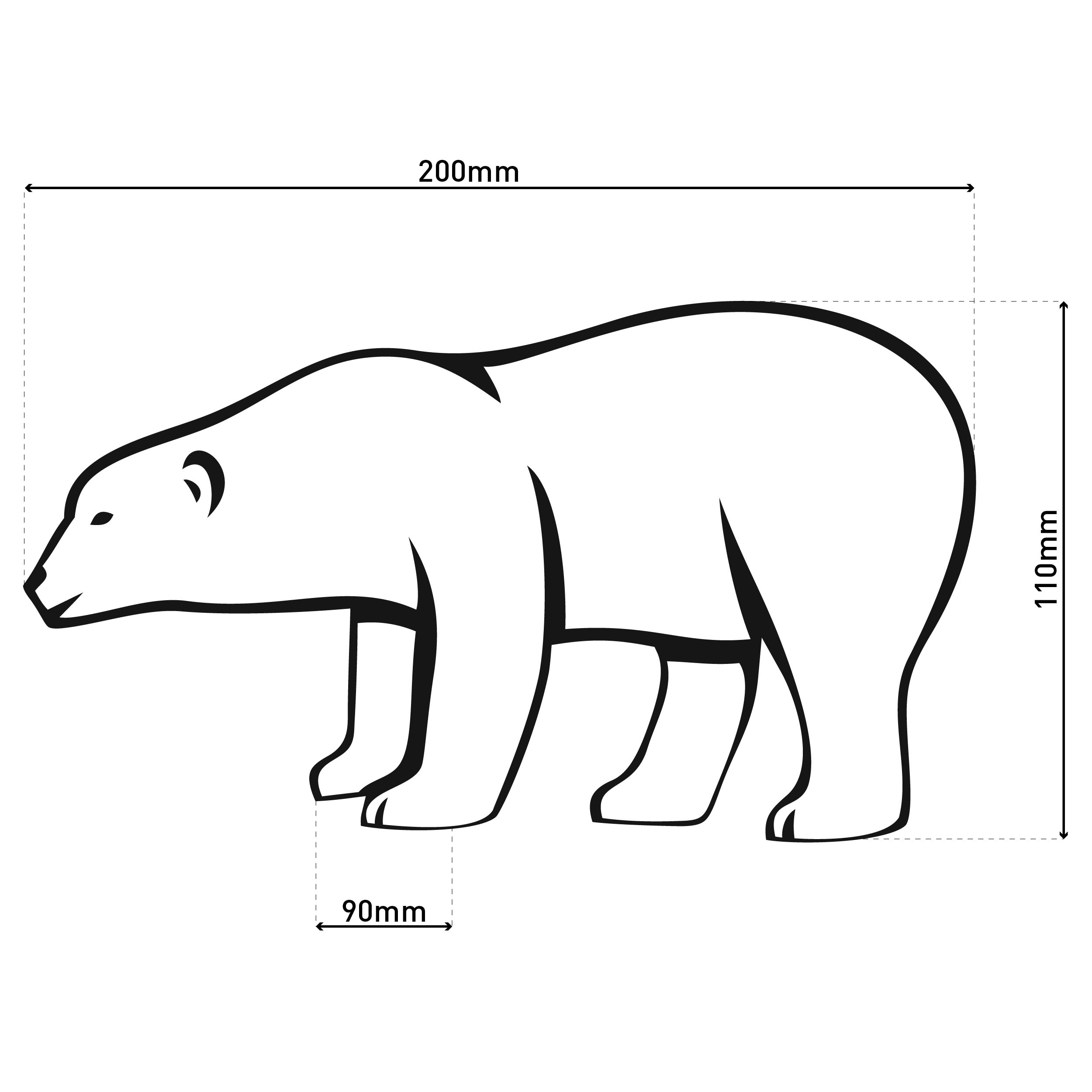 Umriss eines Eisbären, schwarze Linien auf Weiß, mit Messungen.