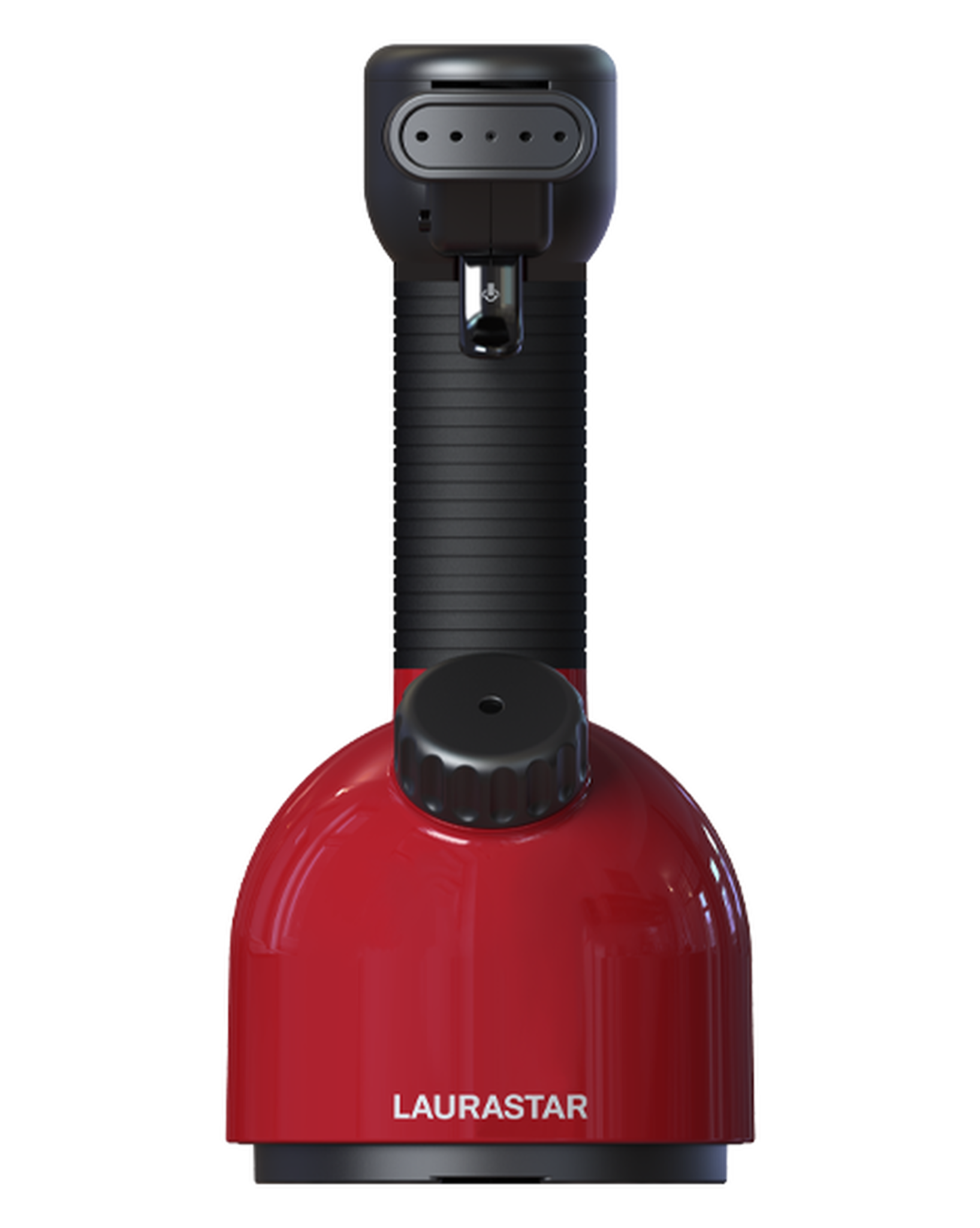Un nettoyeur vapeur rouge et noir. Il a une poignée noire et une base rouge, avec le nom de la marque.