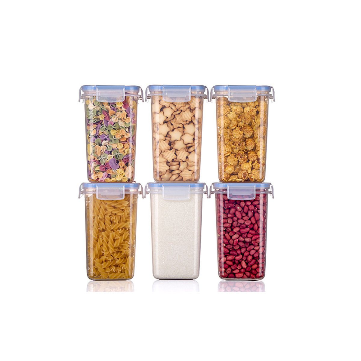 Sechs transparente Behälter mit Nudeln, Nüssen, Popcorn, Fusilli, Zucker und roten Bohnen.