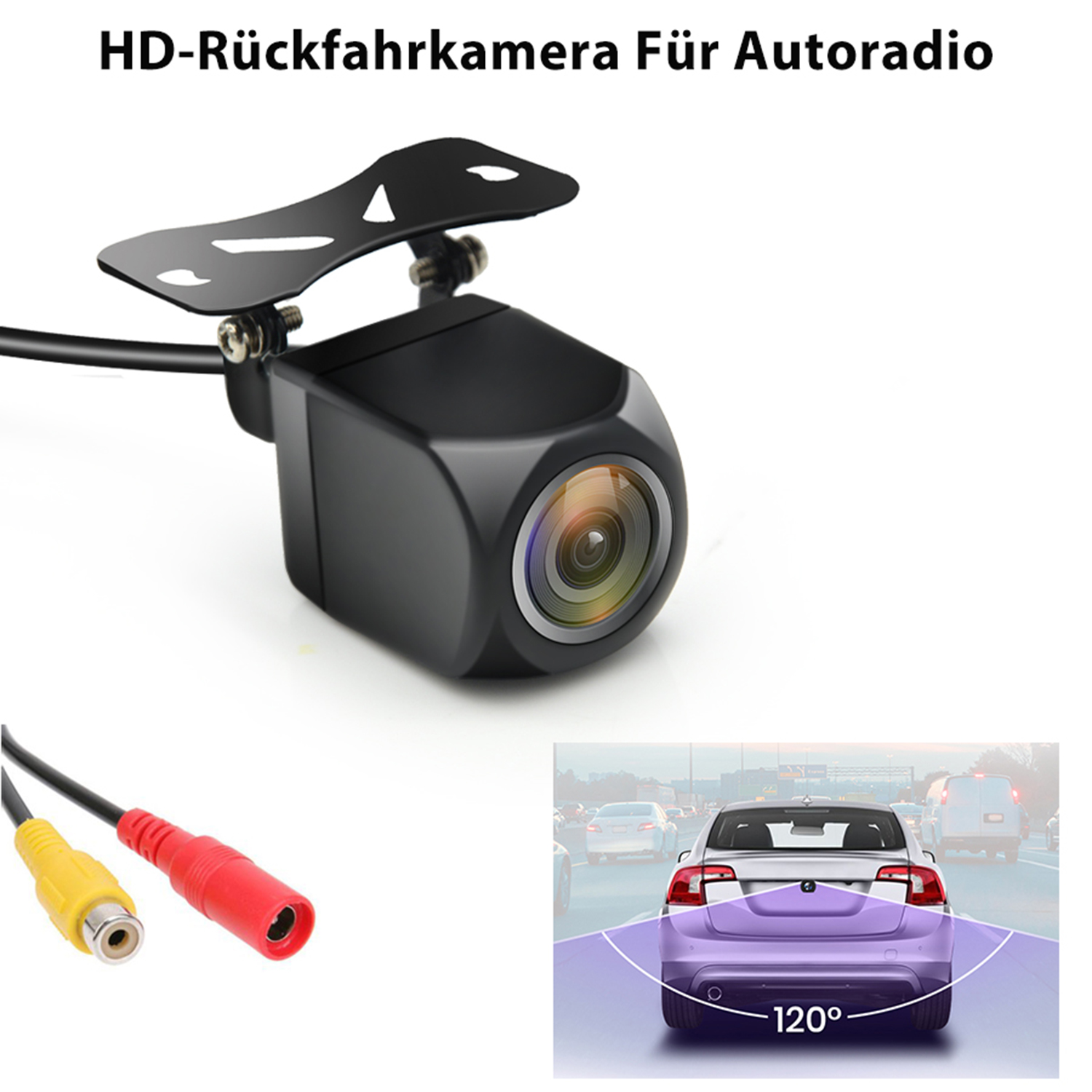 Rückfahrkamera mit Kabeln und einem Auto zur Unterstützung.