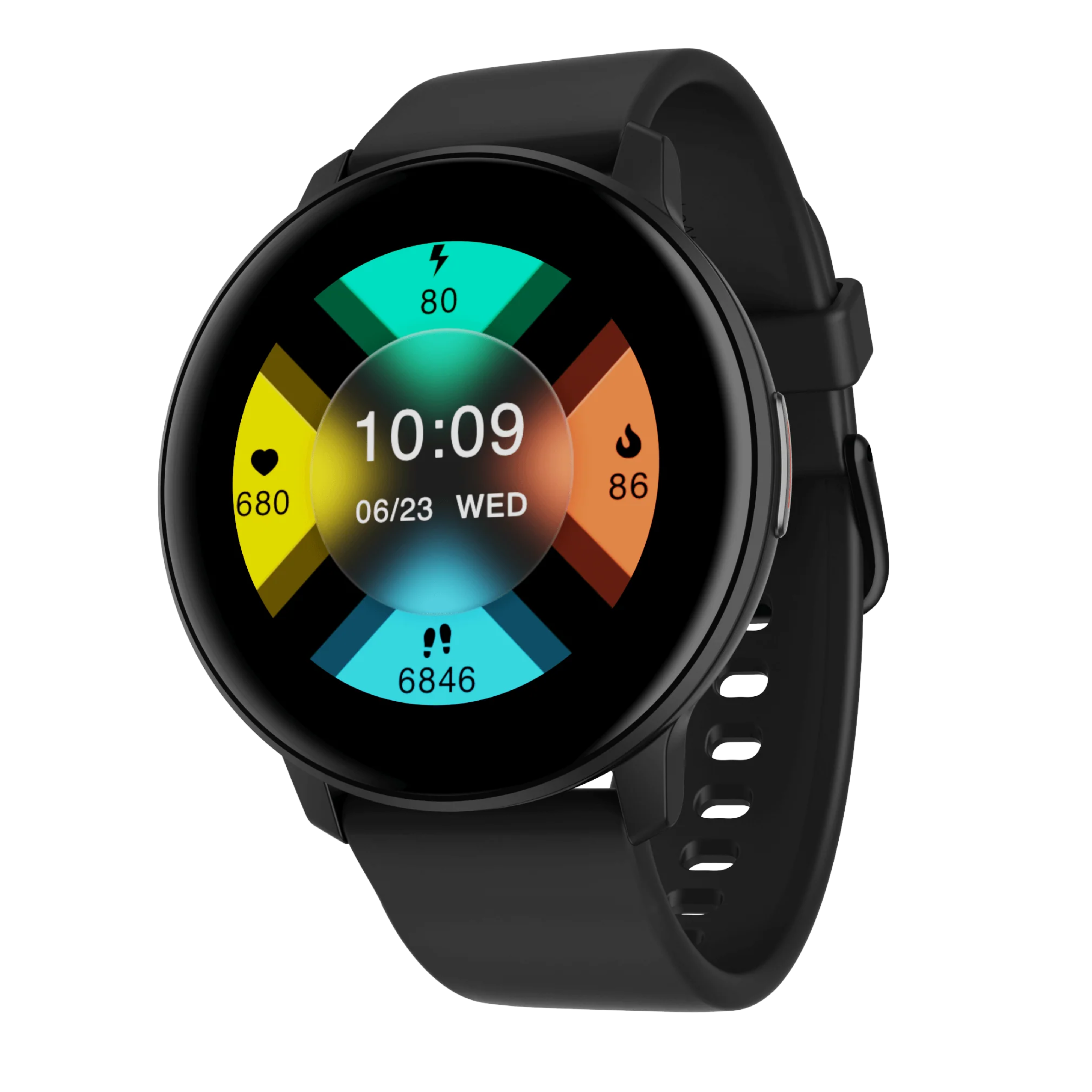 Czarny smartwatch wyświetla czas i wskaźniki zdrowia na białym tle.