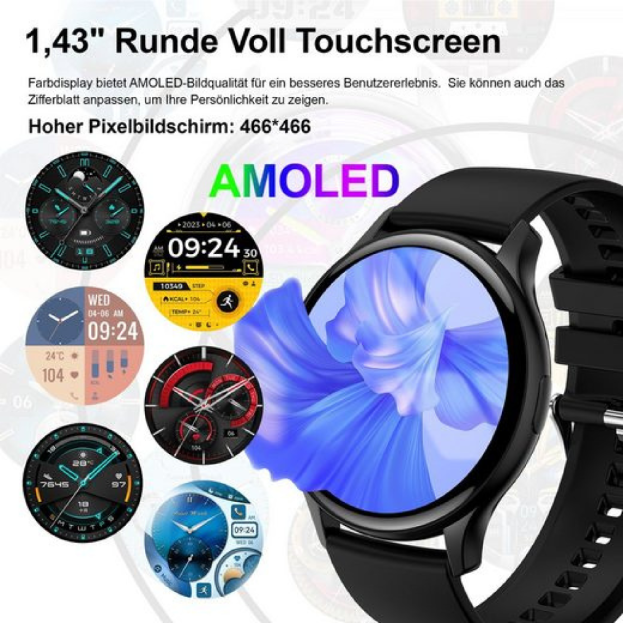 Smartwatch z wieloma wyświetlaczami i czarnym paskiem.