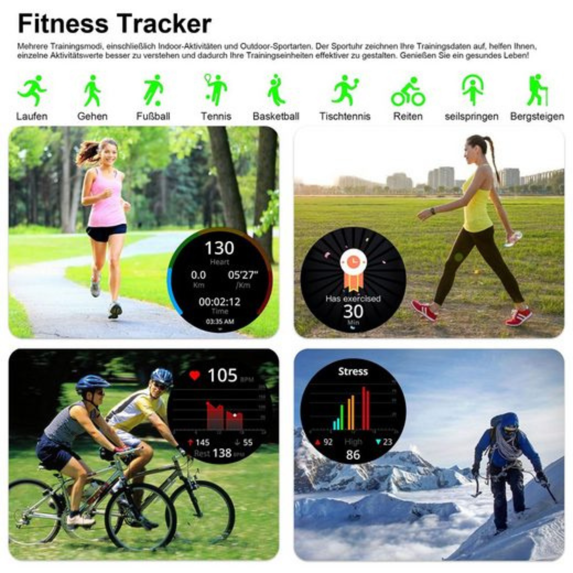 Lokalizator fitness pokazujący aktywności takie jak bieganie, chodzenie, tenis, koszykówka i wspinaczka górska.