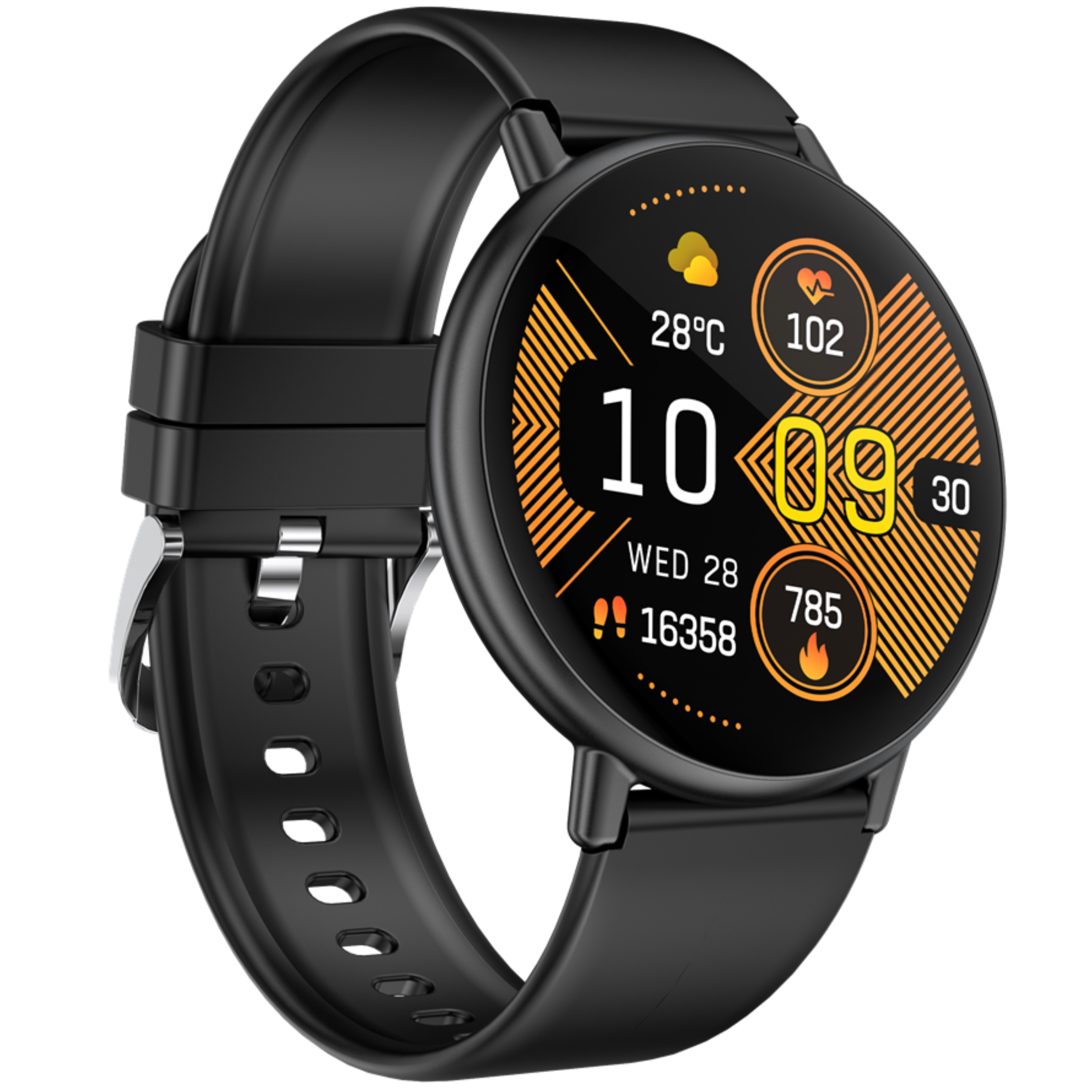 Eine schwarze Smartwatch mit rundem Display. Es zeigt Zeit, Datum und Gesundheitsmetriken an.