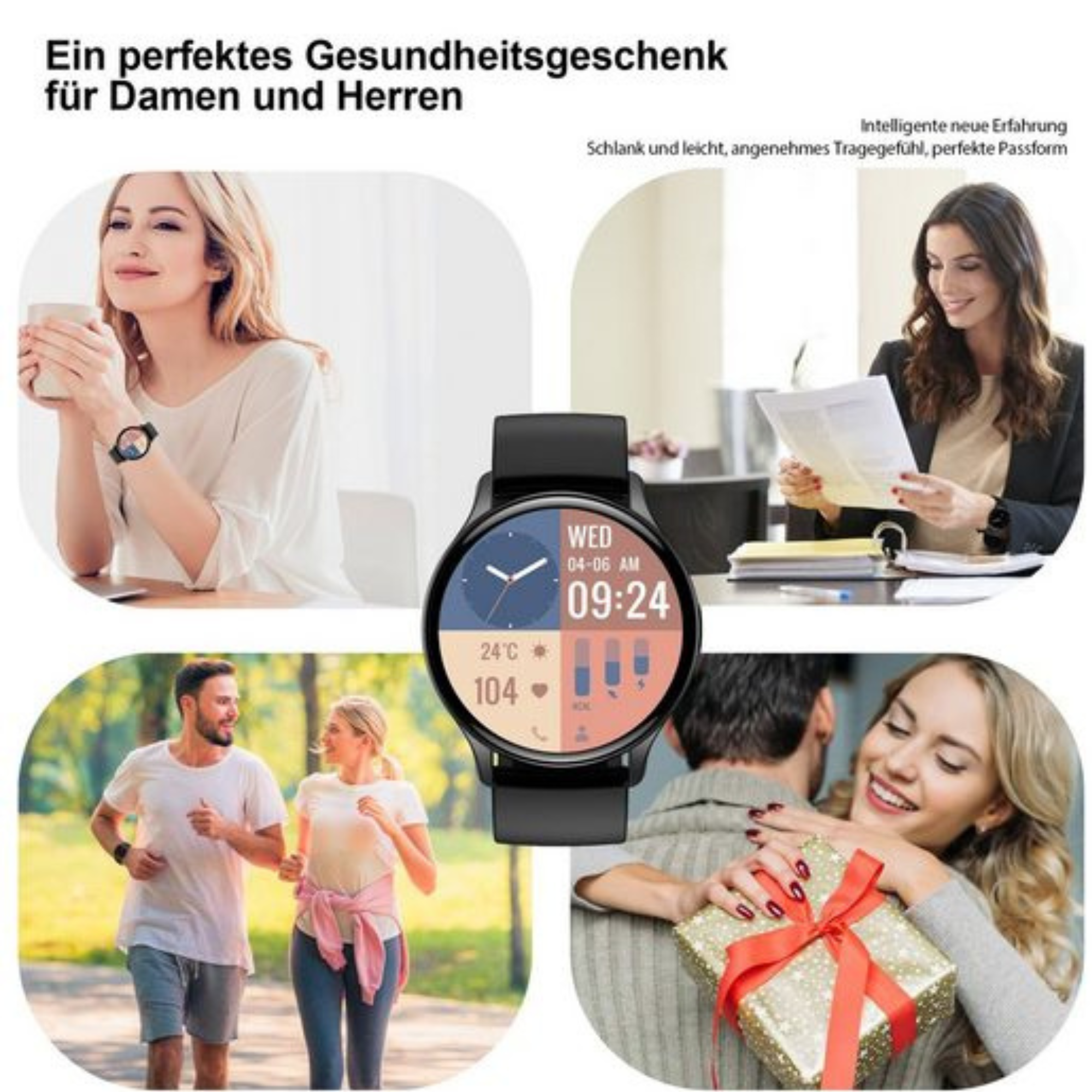 Smartwatch na nadgarstku, pokazany w kolażu z ludźmi używającymi go w różnych scenariuszach.