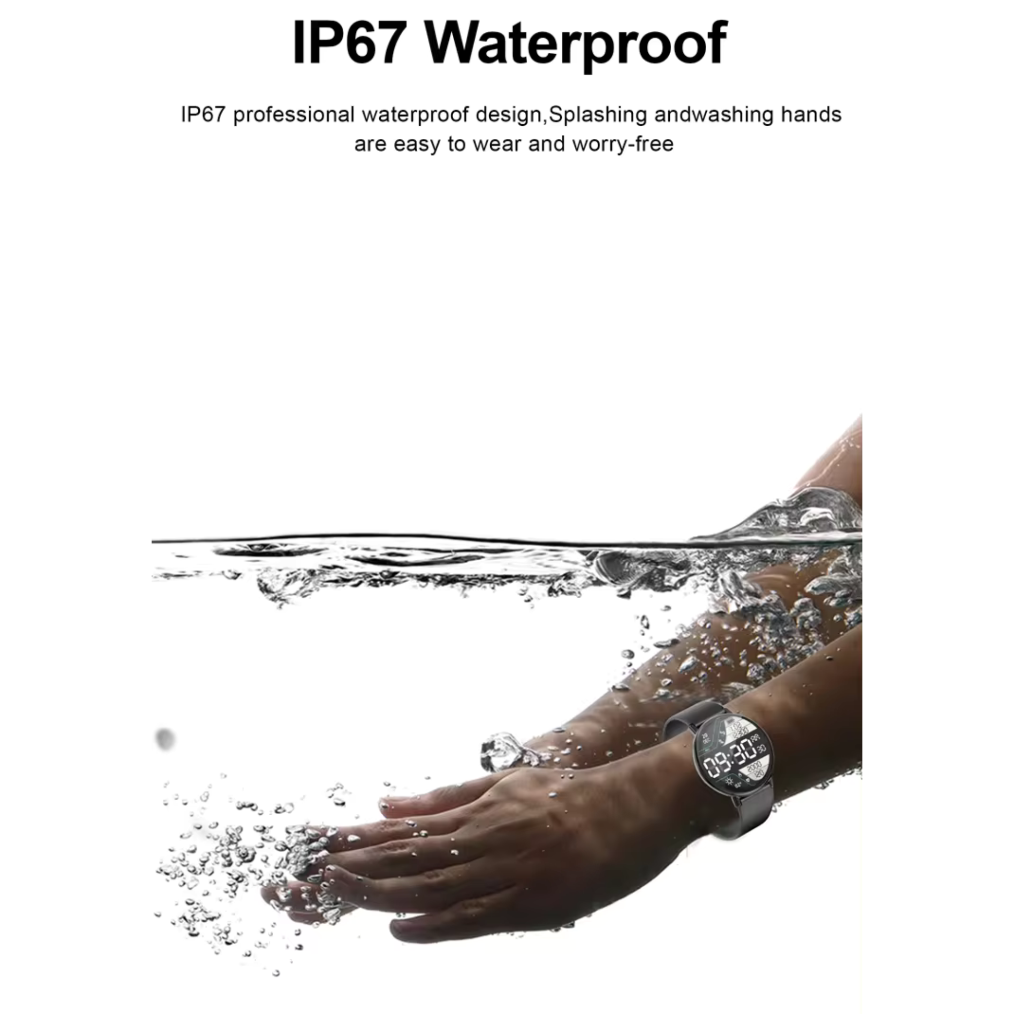 Ręka z smartwatchem w wodzie. Zegarek pokazuje godzinę. Krople wody wokół.