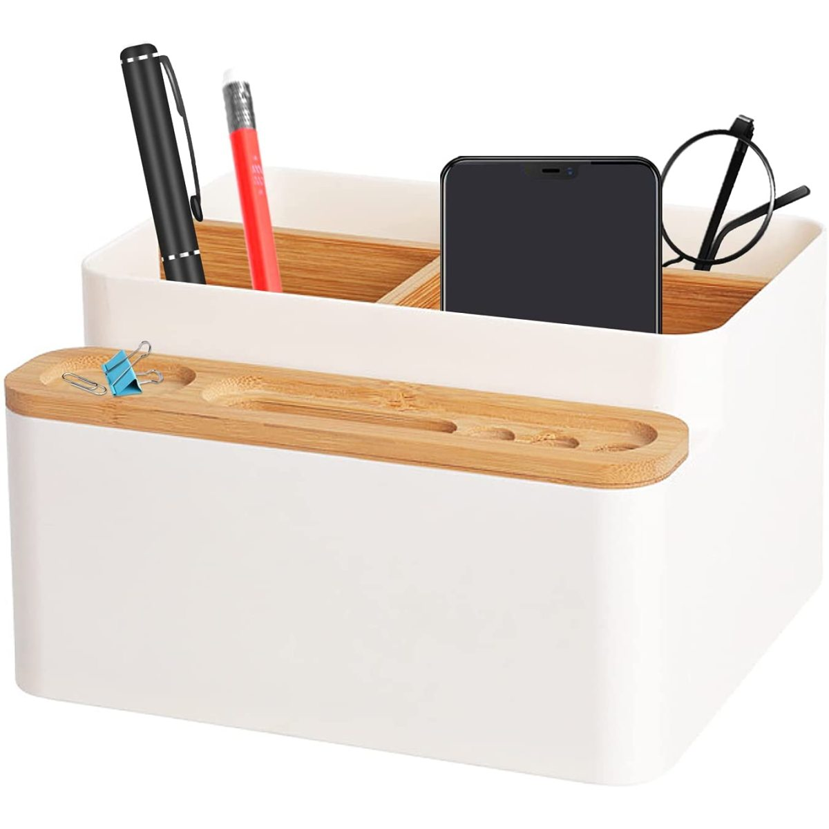 Weißer Schreibtisch-Organizer mit Stiften, Telefon, Brille und Büroklammern.